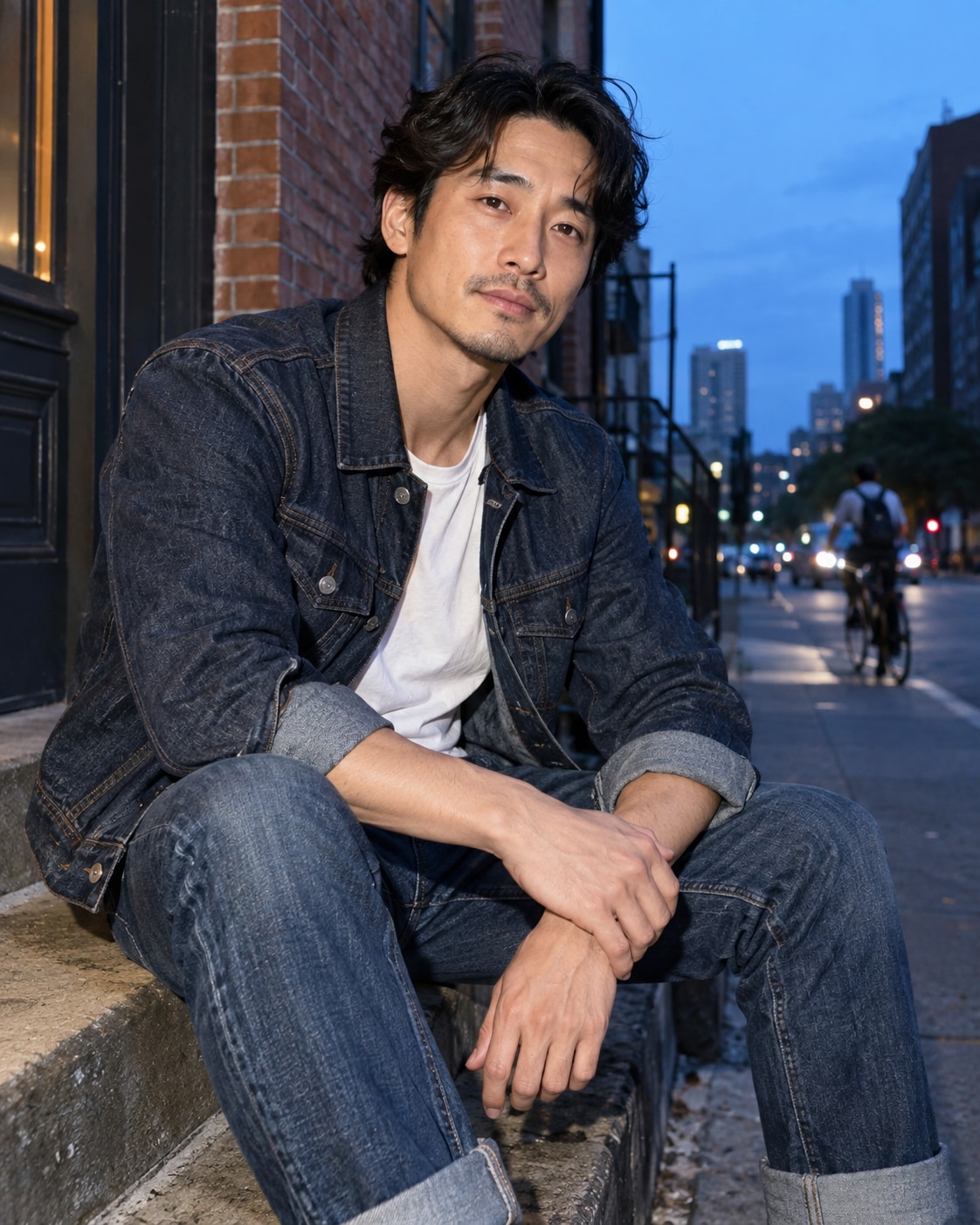 Adult East Asian man in indigo denim jacket and jeans over white tee, sitting on a low city stoop at bright blue hour