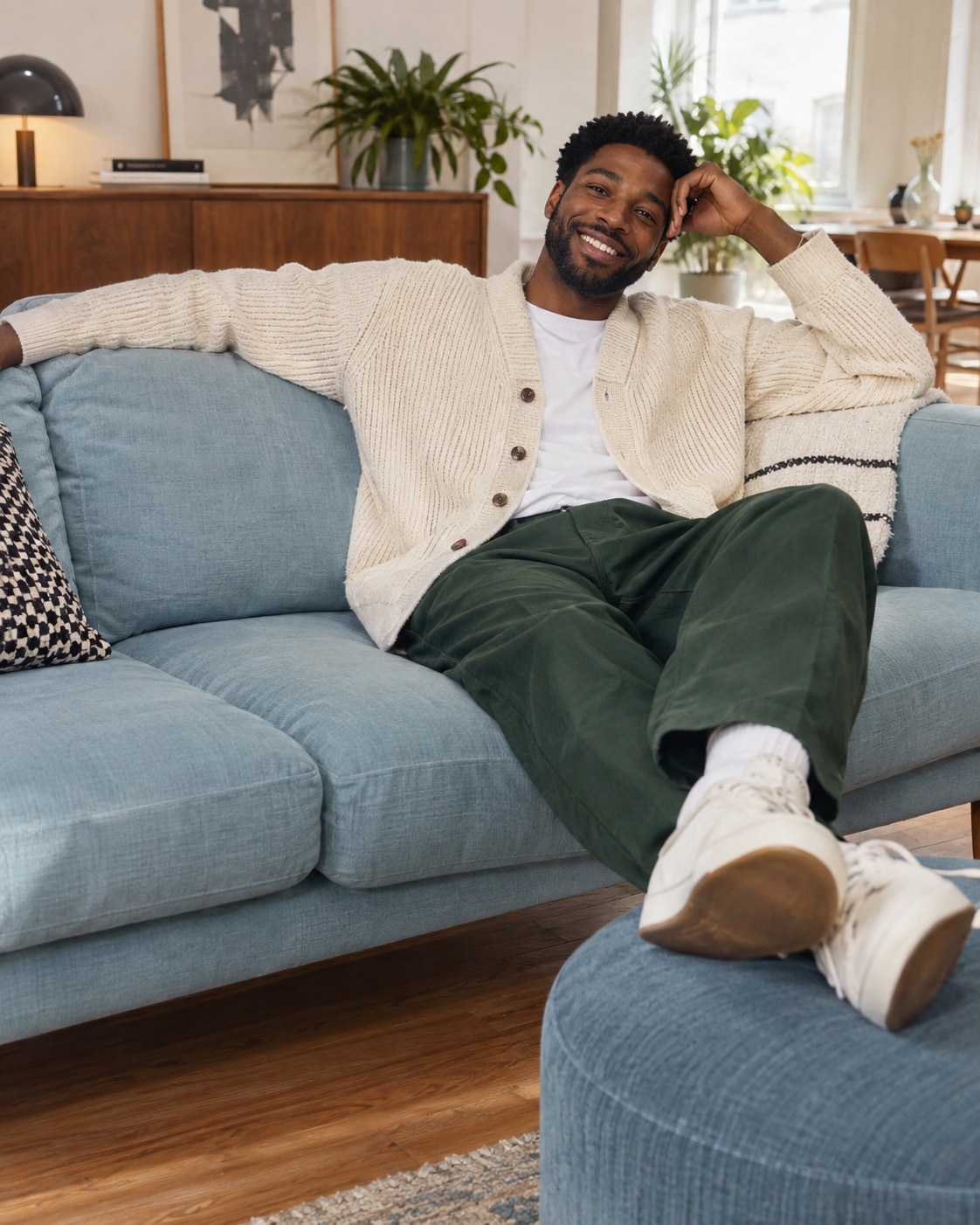 Black man in cream textured cardigan and forest green trousers lounging diagonally on powder blue sofa, arm over sofa back and feet on low ottoman, open smile, bright apartment and wood floor.