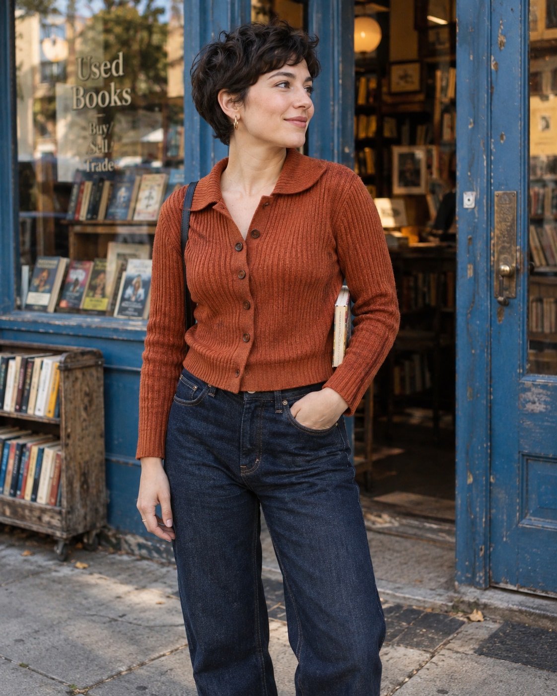 Adult woman with short dark pixie hair in rust-orange ribbed cardigan and dark straight-leg denim standing outside a used bookshop with one paperback tucked loosely under arm