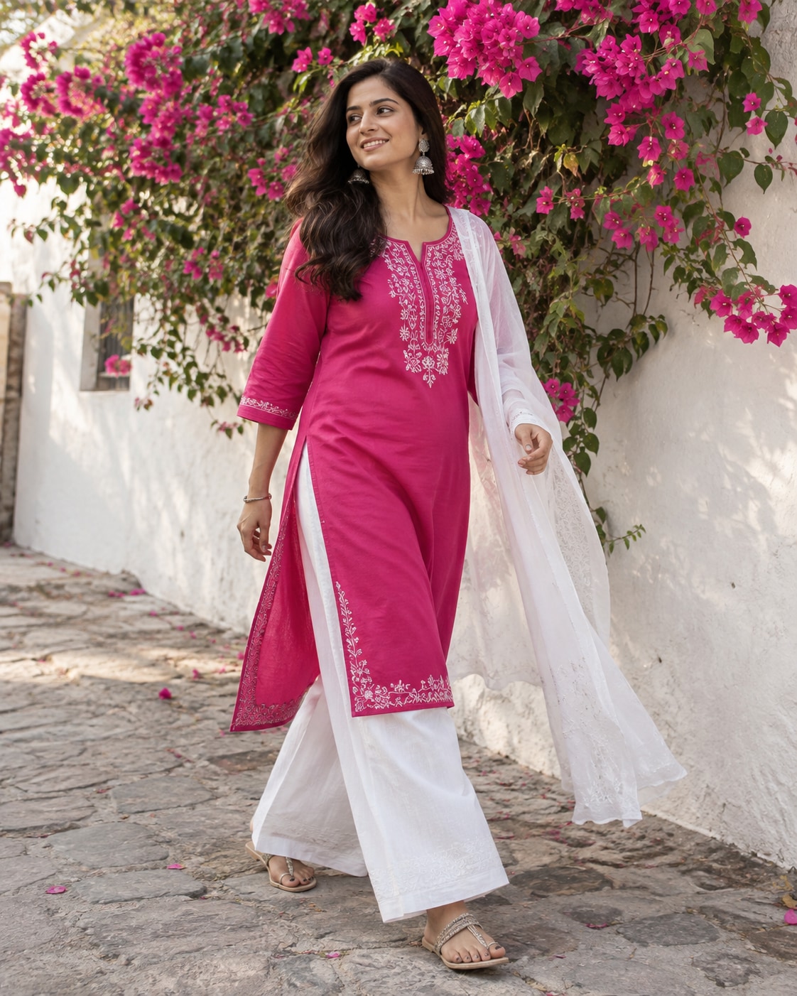 Adult Indian woman in fuchsia cotton kurta with white palazzo trousers and light white dupatta, walking past white plaster wall covered in magenta bougainvillea