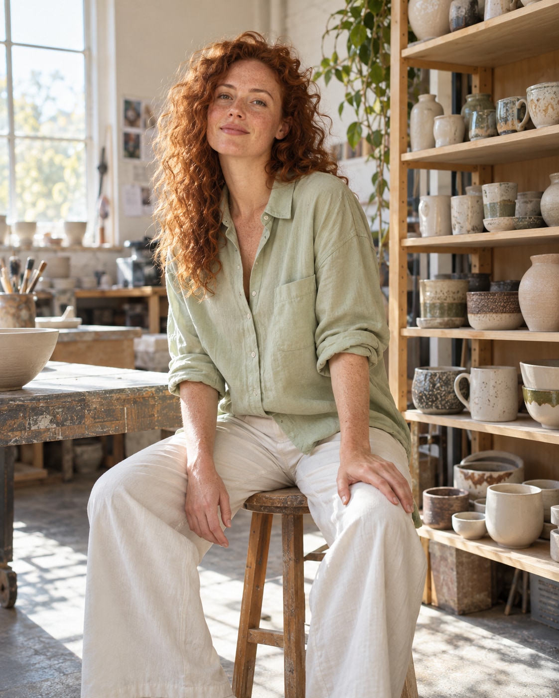 Adult woman with red curly hair and freckles in a pale pistachio loose cotton shirt and cream wide trousers in a sunlit pottery studio