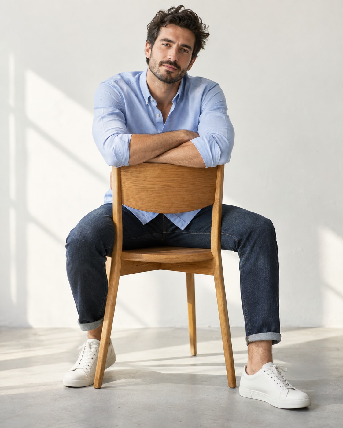 Mediterranean man in pale blue Oxford shirt and dark jeans sitting backwards astride plain oak chair, feet on floor and forearms over back, bright off-white studio with natural side light.