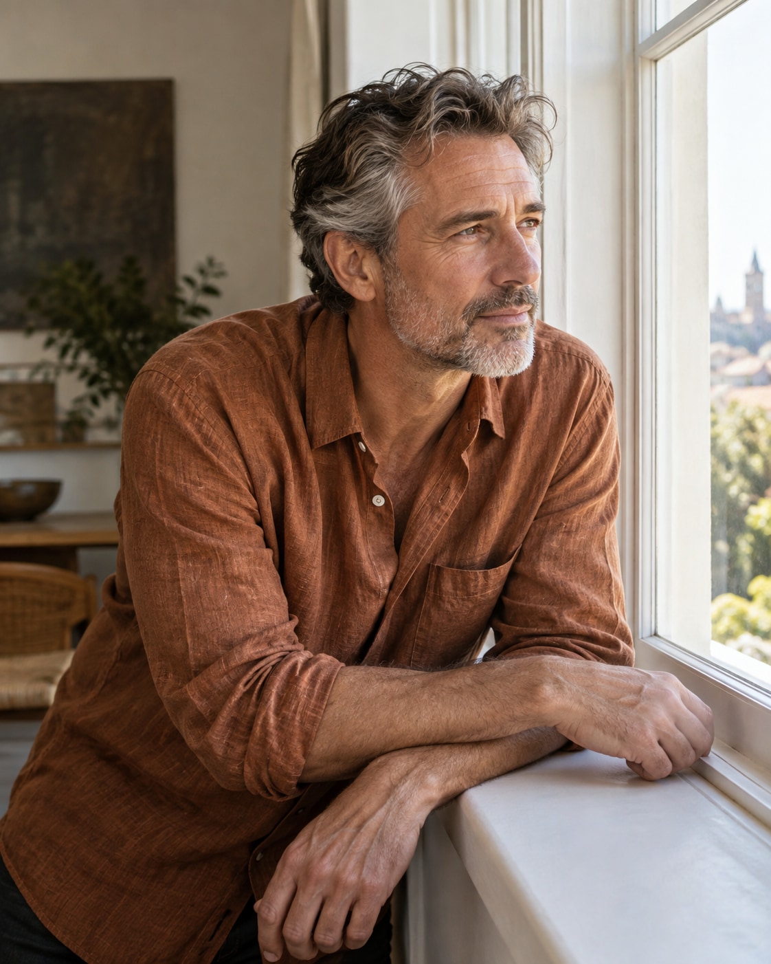 White man with salt-and-pepper hair and short beard in cinnamon linen shirt leaning forearms on broad white window sill, thoughtful gaze outside, waist-up with natural age lines and bright soft daylight.