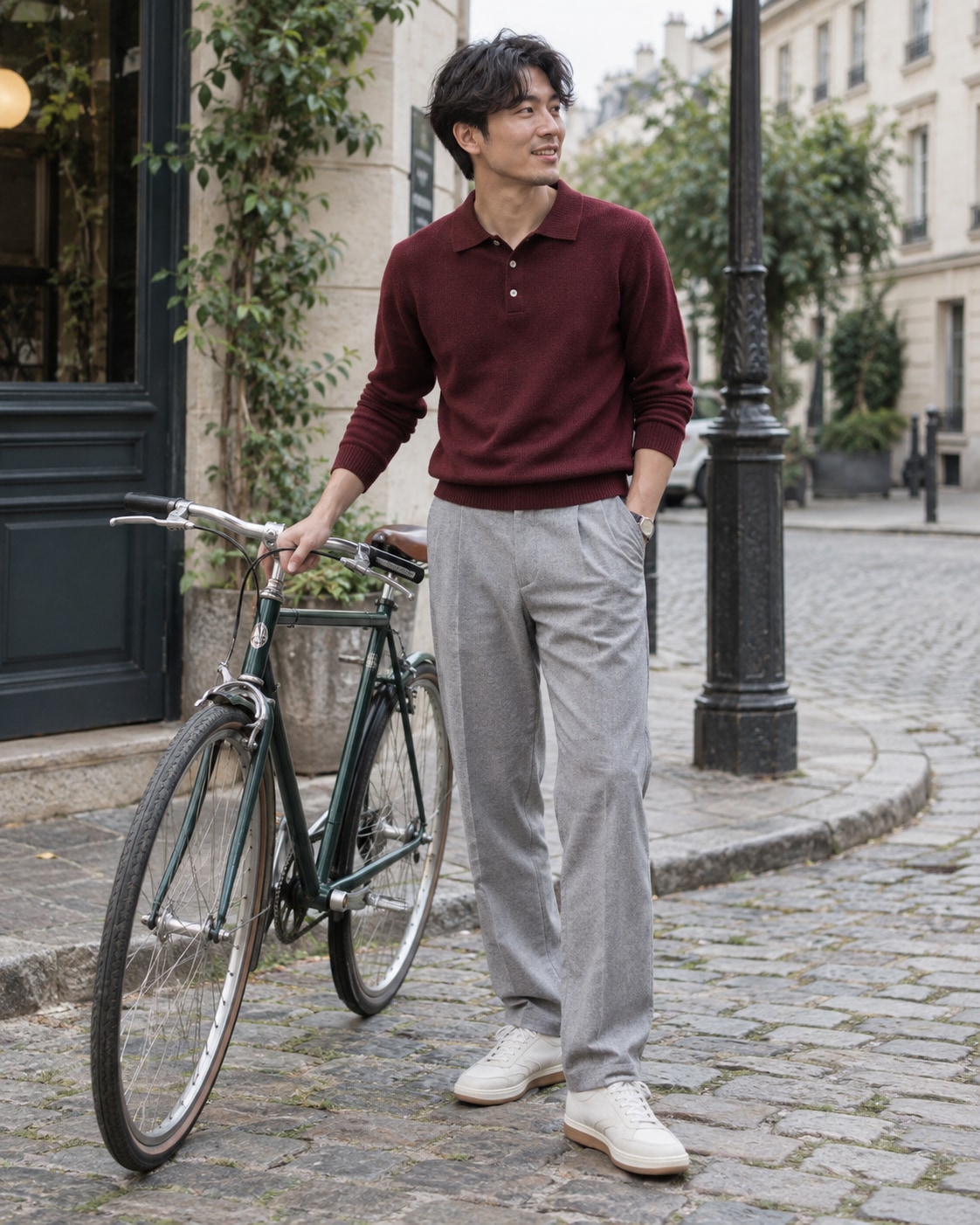 Adult East Asian man wearing a warm burgundy fine-knit polo and light-grey relaxed trousers standing beside a dark green city bicycle at a quiet cobblestone corner