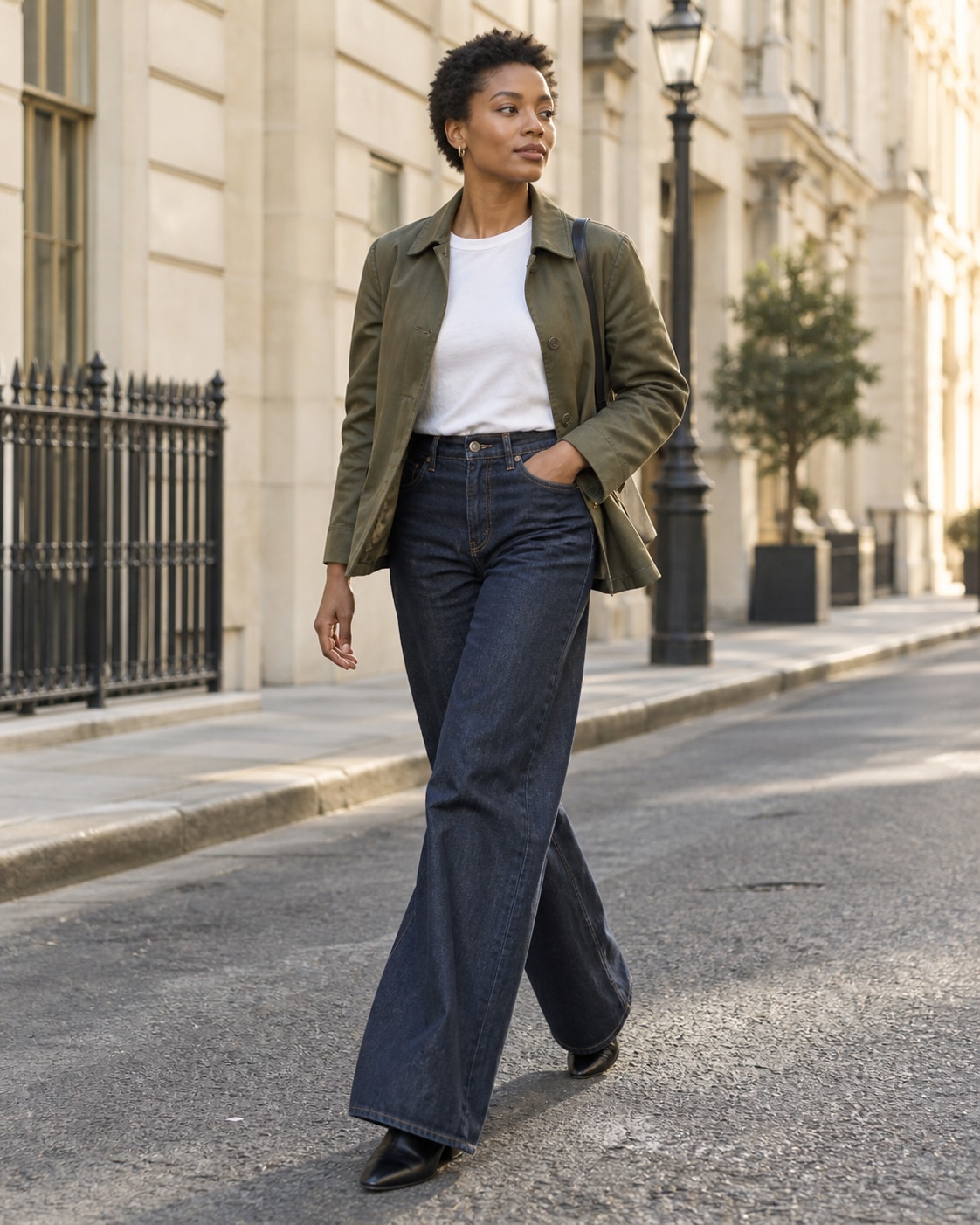 Woman in an olive jacket and wide-leg denim walking beside elegant limestone city buildings