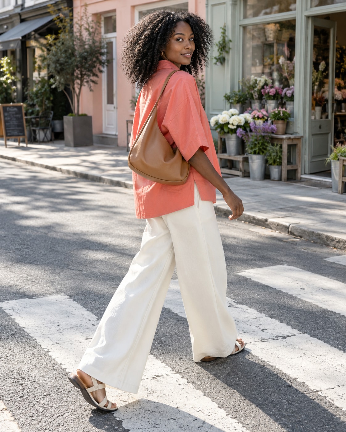 Black woman in coral boxy shirt and ivory wide trousers mid-stride across quiet zebra crossing, torso turned back, tan shoulder bag, pastel storefronts, full body, bright morning.