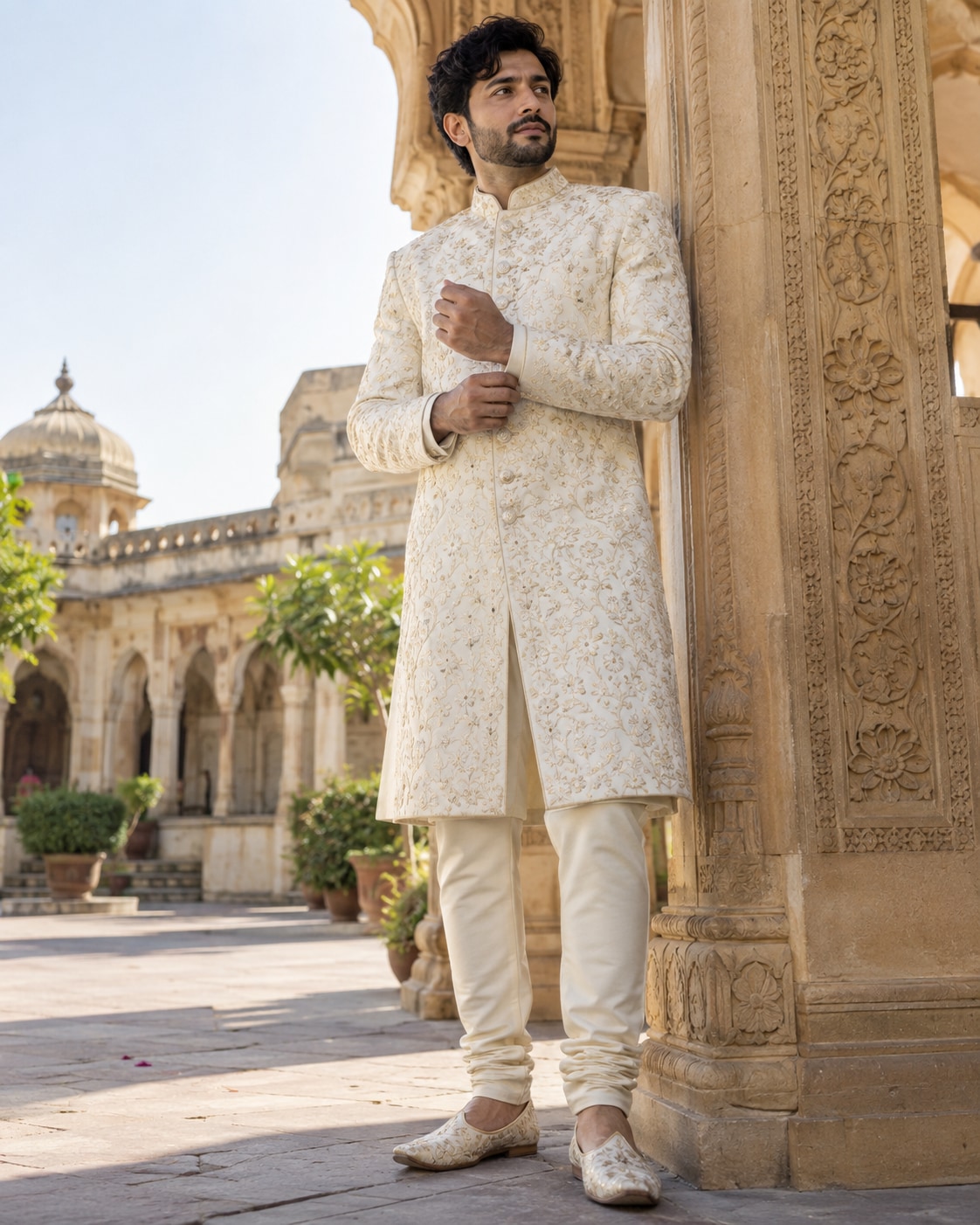 Adult Indian male model with short wavy hair in ivory embroidered sherwani with subtle tonal floral threadwork and cream churidar standing beside carved sandstone arch