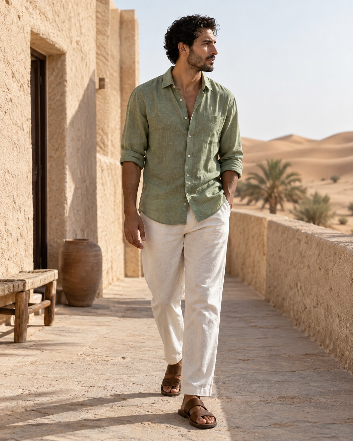 Adult North African male model in an airy sage-green linen shirt and offwhite trousers walking beside low sand-coloured desert lodge walls, full body with leather sandals, warm sand dunes beyond