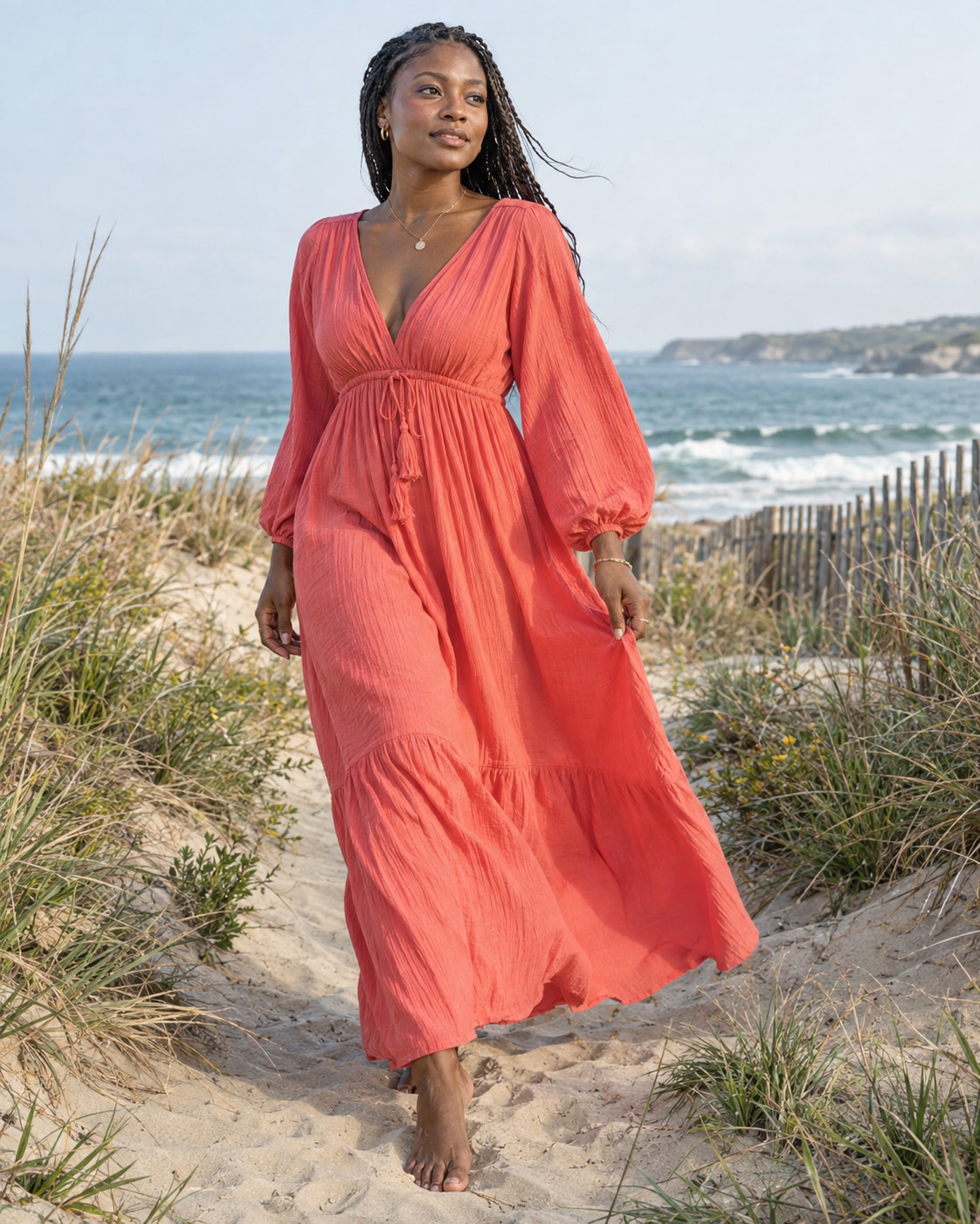 Adult dark-skinned woman with natural braided hair wearing a vibrant coral loose long-sleeve cotton maxi dress on a sandy coastal dune path with wild grasses
