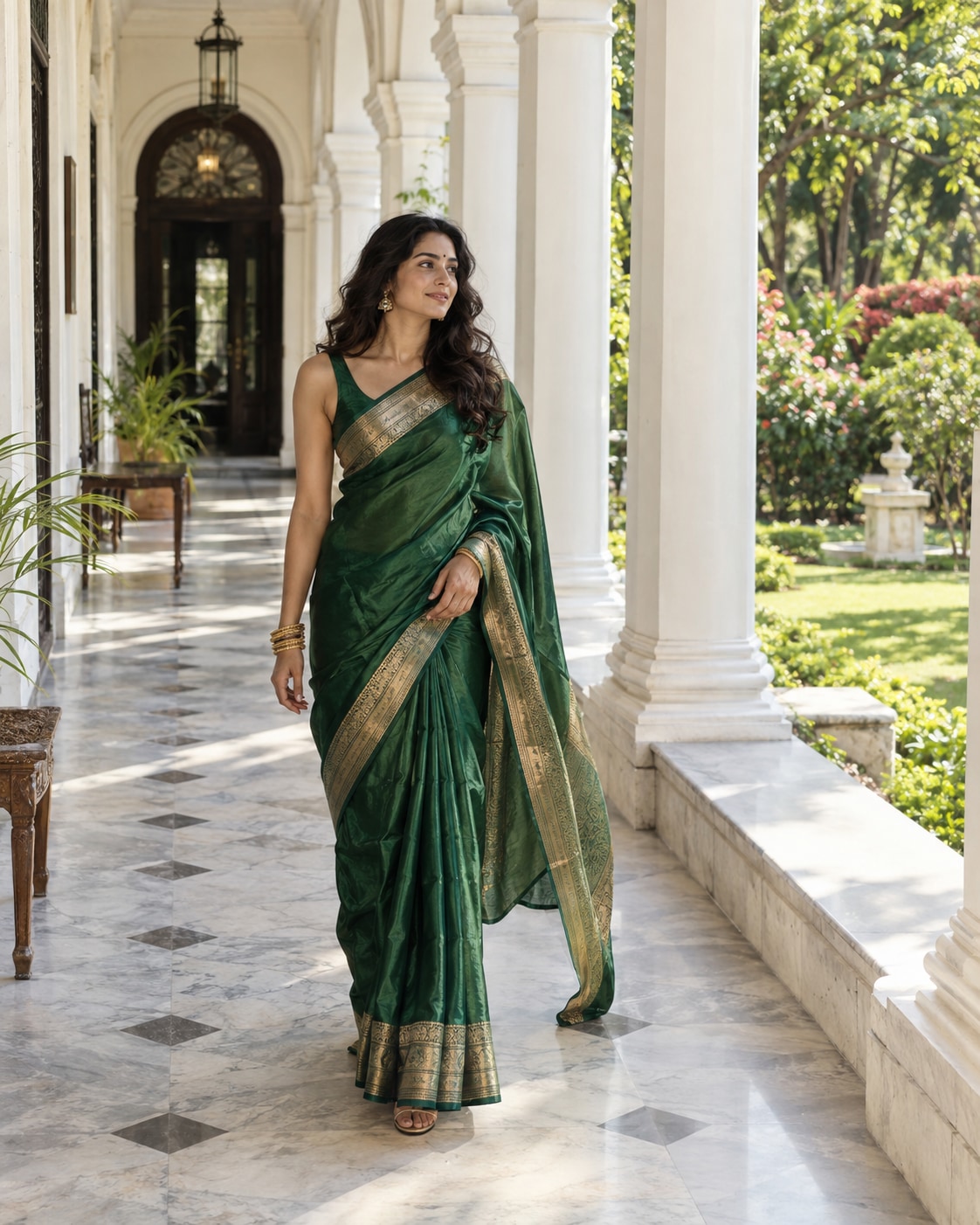 Indian woman in emerald silk saree and gold bangles walking airy white columned heritage corridor, hand lightly holding pleats, off-center full length, repeating columns and bright garden.