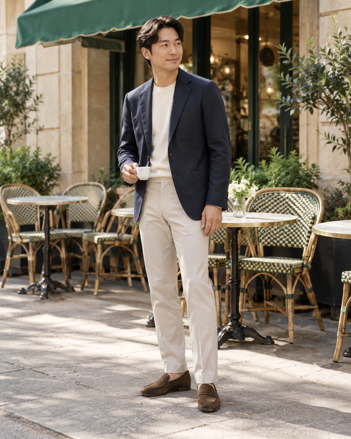 Man in a navy blazer, cream top and light trousers holding a small espresso cup outside a European café.