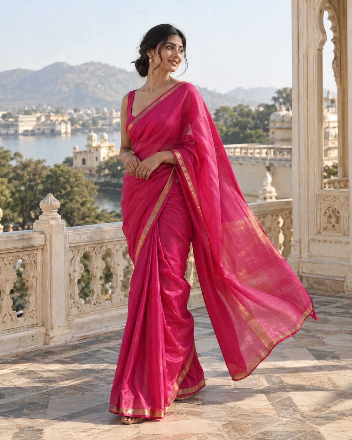 Indian woman in vivid fuchsia silk saree with narrow gold border and minimal earrings making gentle quarter turn on cream palace terrace, pallu subtly blowing, hands at waist, sharp woven silk.