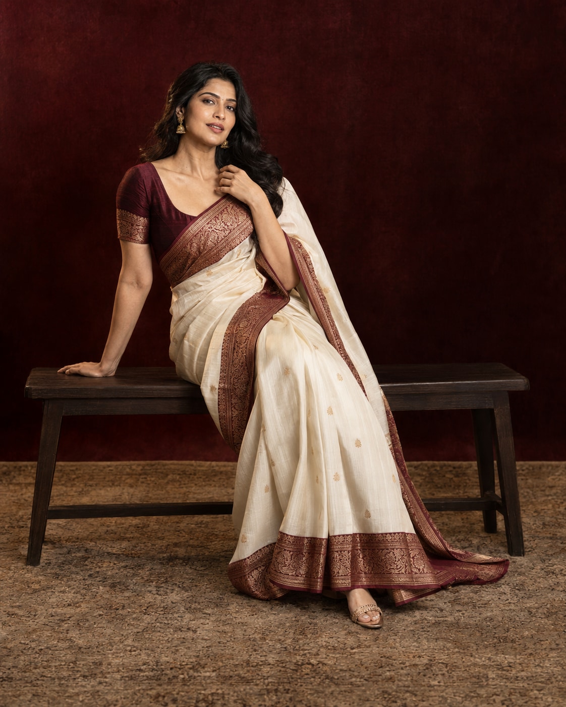 Indian woman in an ivory and burgundy saree leaning back on a low wooden bench against a dark garnet backdrop.