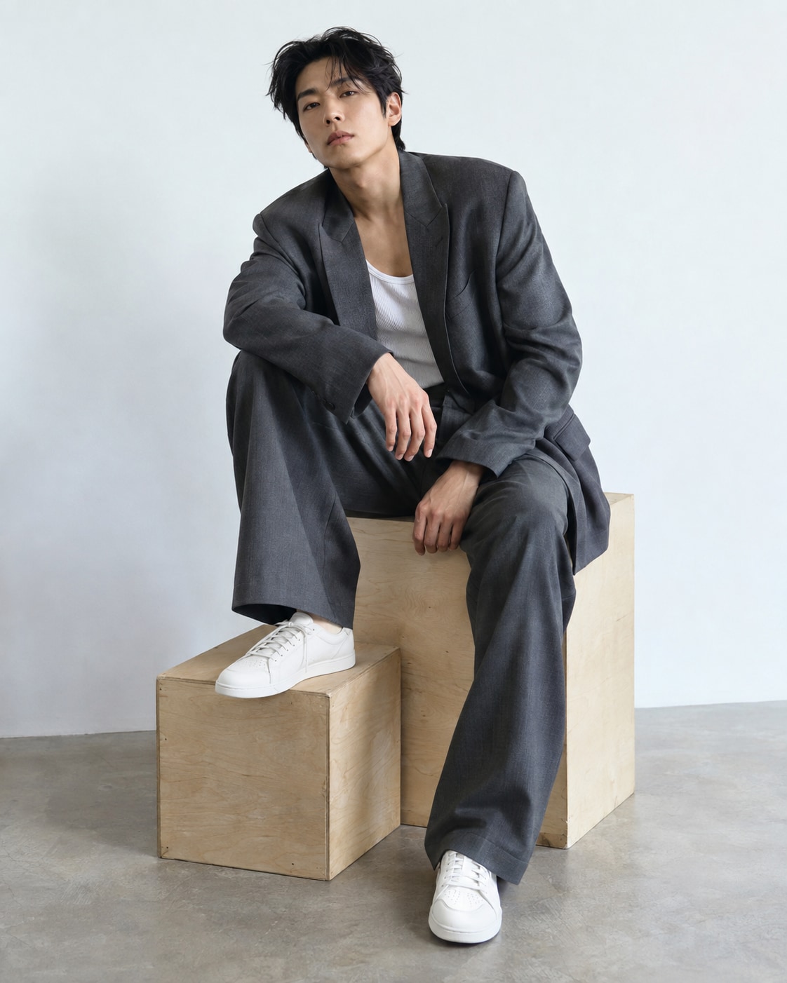 East Asian man in graphite oversized suit and white tank, seated sideways on pale wooden cube with one knee on lower block and forearm resting on knee, cool white studio.