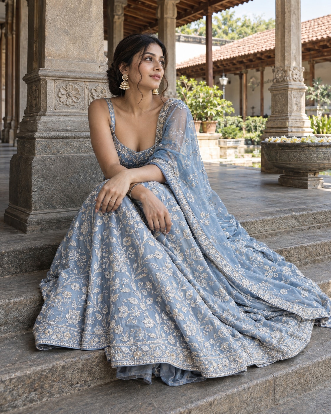 Adult Indian woman in powder-blue embroidered lehenga with delicate botanical silver threadwork and sheer matching dupatta, seated elegantly on old stone pavilion steps beside a carved pillar and terracotta roof