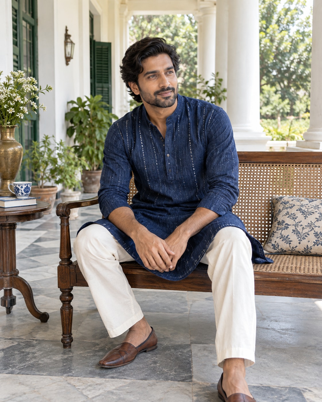 Adult Indian male model wearing deep indigo textured cotton kurta with subtle white running-stitch embroidery and ivory trousers, seated casually on a cane bench on a bright colonial veranda