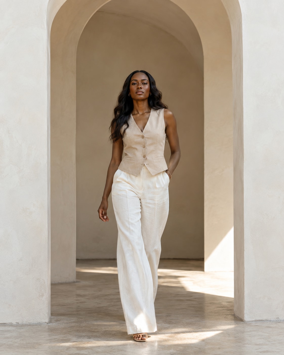 An adult Black woman wearing ivory relaxed trousers and a sand sleeveless tailored vest, walking through a sculptural cream plaster arch, full length, restrained luxury campaign, minimal environment and warm daylight with soft fill.
