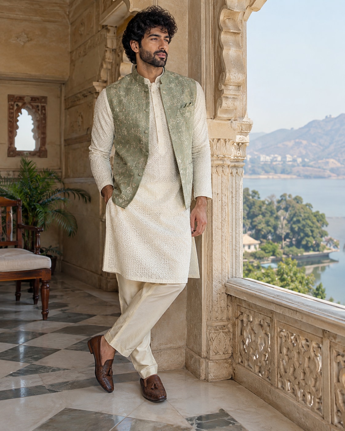 Indian man in ivory textured kurta, sage embroidered waistcoat and cream trousers leaning shoulder at carved pale sandstone jharokha window, hand in pocket, airy full-length occasionwear portrait.