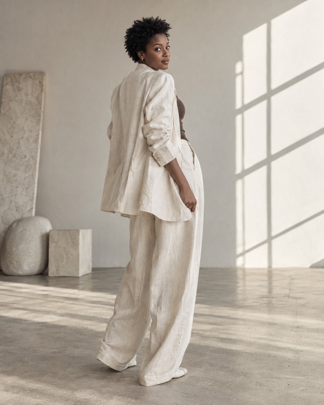 Black woman, short natural hair, ivory linen suit and cocoa tank, turning to look over shoulder in limestone studio with diagonal window shadows.