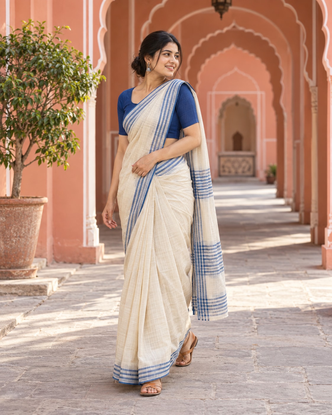 Indian woman in a cream and cobalt striped cotton saree walking through a coral-pink heritage arcade.