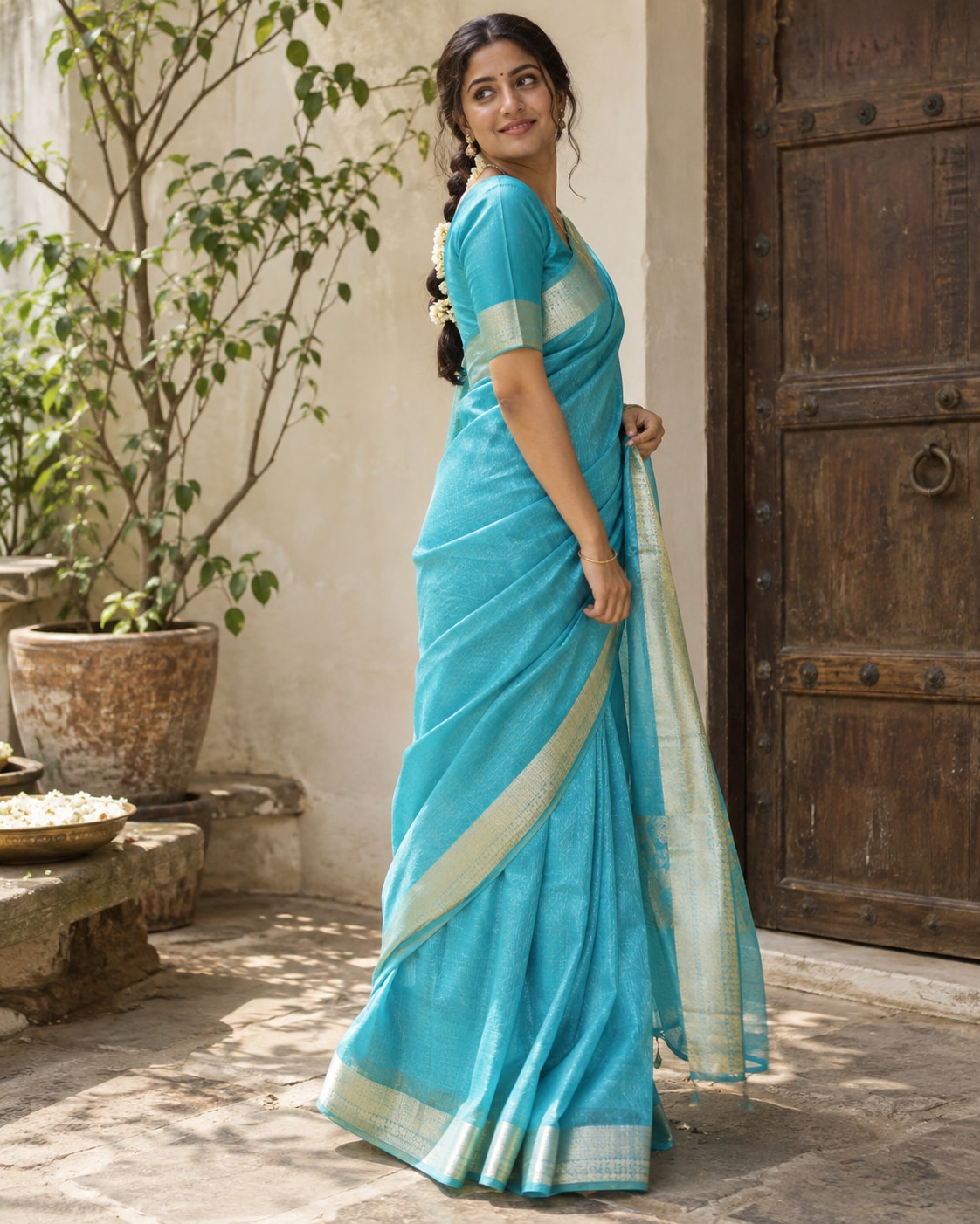 Adult Indian woman with loose braided hair and small jasmine flowers wearing a bright turquoise silk saree with fine ivory border in a limewashed courtyard