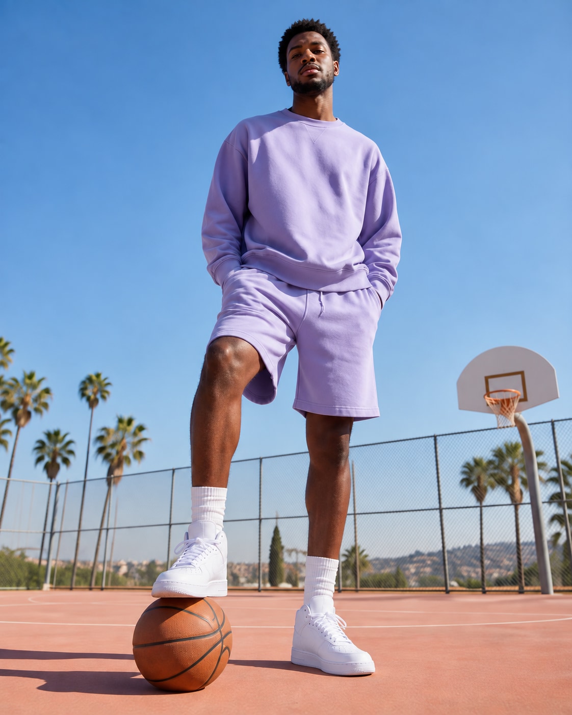 Black man in lavender oversized sweatshirt and matching shorts on peach basketball court, one foot resting gently on stationary plain basketball, hands in pockets, low wide camera and clear blue sky.
