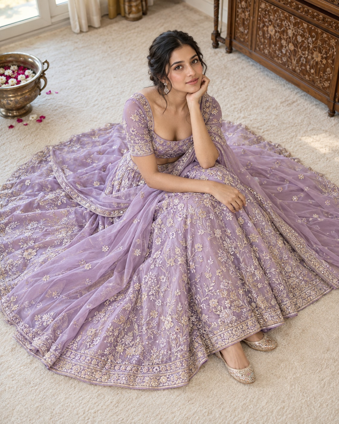 South Asian woman in lilac embroidered lehenga, matching modest blouse and light dupatta seated gracefully on cream carpet, skirt spread in broad natural circle, slightly elevated oblique camera, face toward lens.