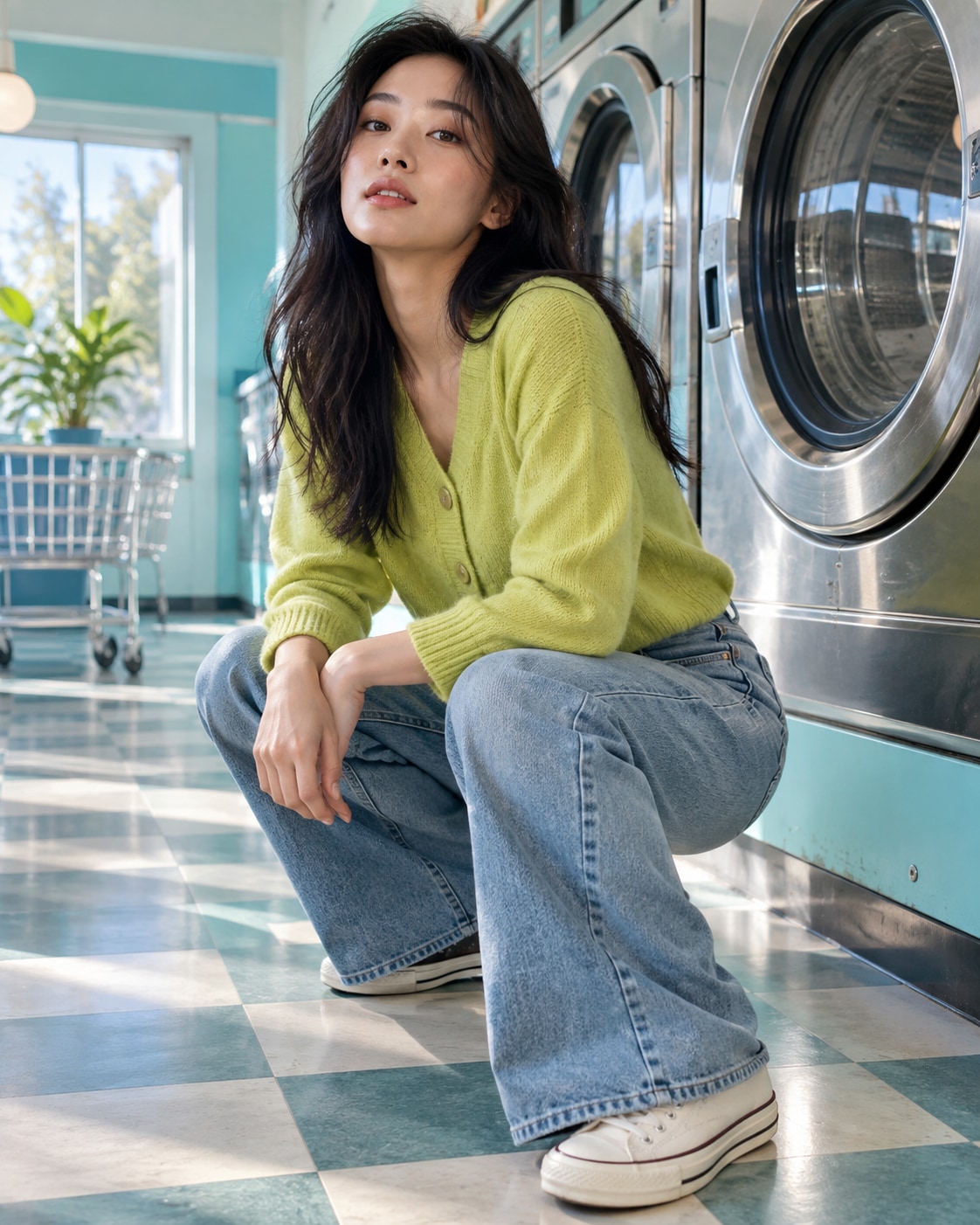 East Asian woman in lime cardigan and blue jeans crouching beside round chrome washing machines, hands on knees, spotless pastel laundrette, low wide camera and bright daylight with soft flash.