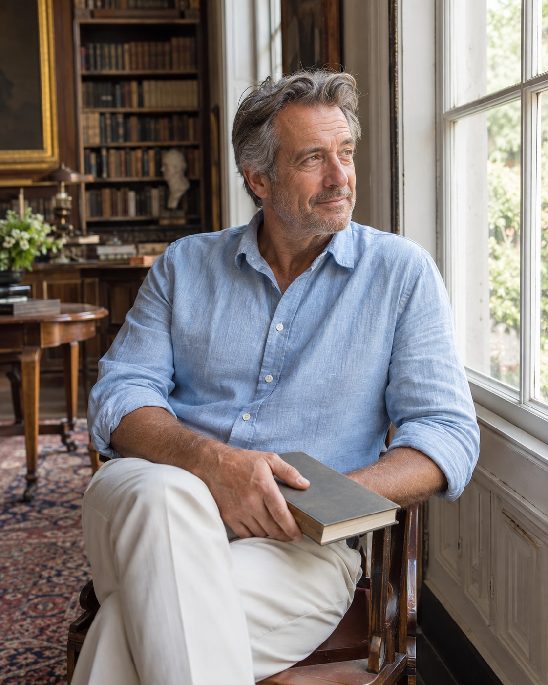 Adult male model in his fifties with salt-and-pepper hair wearing a pale blue linen button-down shirt and cream chinos, seated beside a large window in an airy old library
