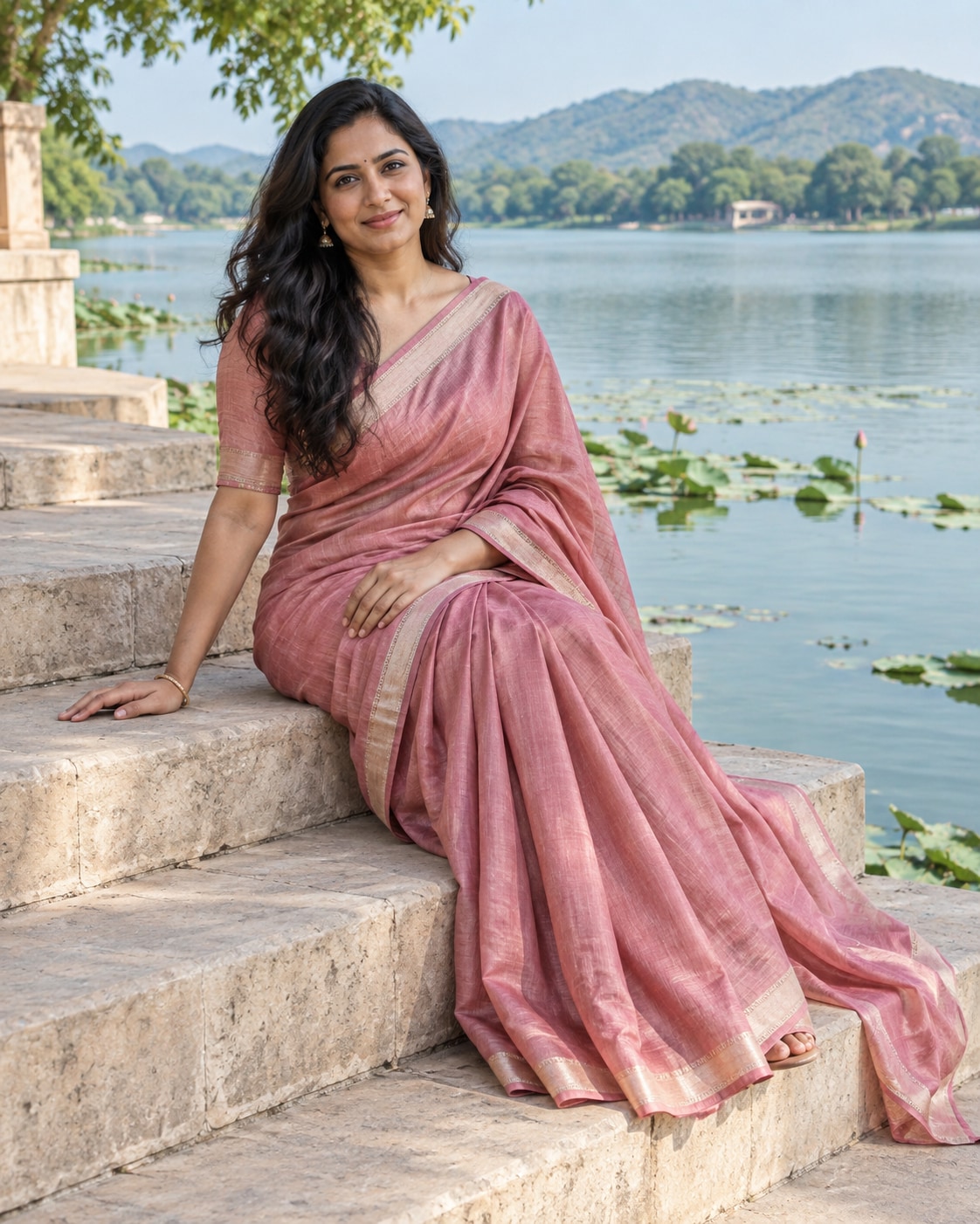 Indian woman in a rose-pink saree seated sideways on pale lakeside steps beside lotus leaves and calm blue-green water.