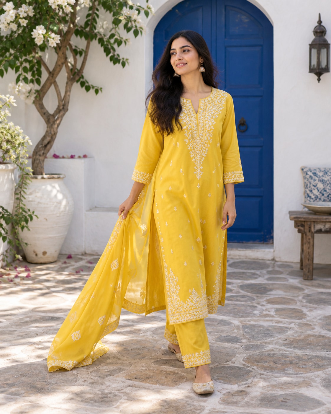 South Asian woman in mango yellow salwar kameez with fine white embroidery stepping forward with end of dupatta held low to side, cloth trailing naturally, white courtyard and cobalt doorway.