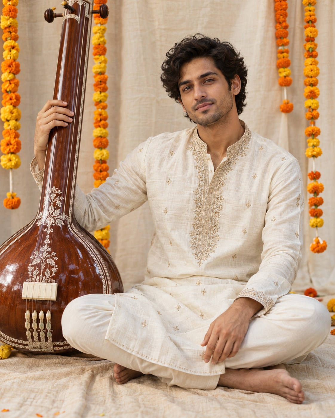 Adult Indian male model with wavy hair in ivory kurta with fine restrained gold thread embroidery and cream trousers, seated cross-legged beside a polished wooden tanpura resting upright, one hand gently touching its neck