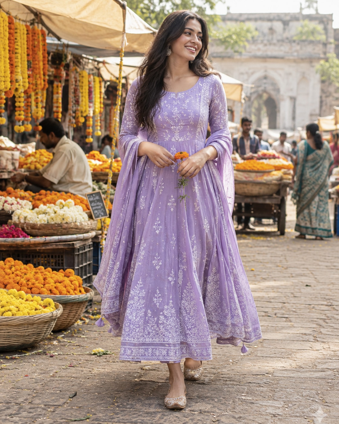 Adult Indian woman in a lavender ankle-length anarkali with delicate white embroidery and matching dupatta at an outdoor marigold flower market