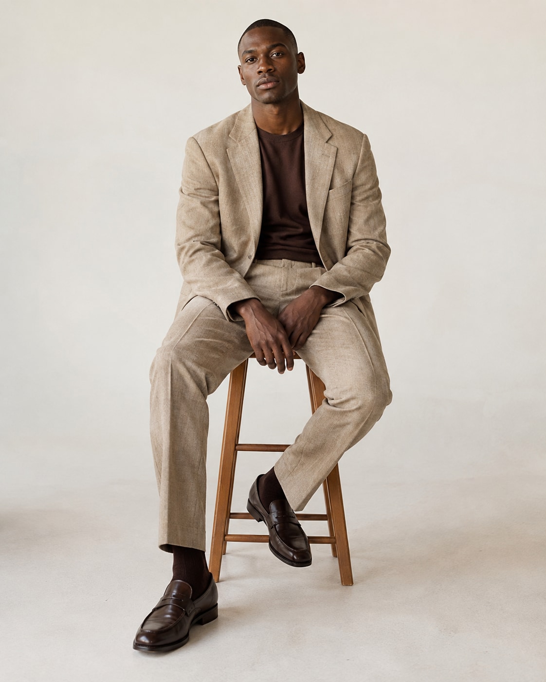 Adult Black male model with closely cropped hair wearing a sand-coloured relaxed suit over dark chocolate crewneck shirt, sitting on a simple wooden stool in an offwhite studio