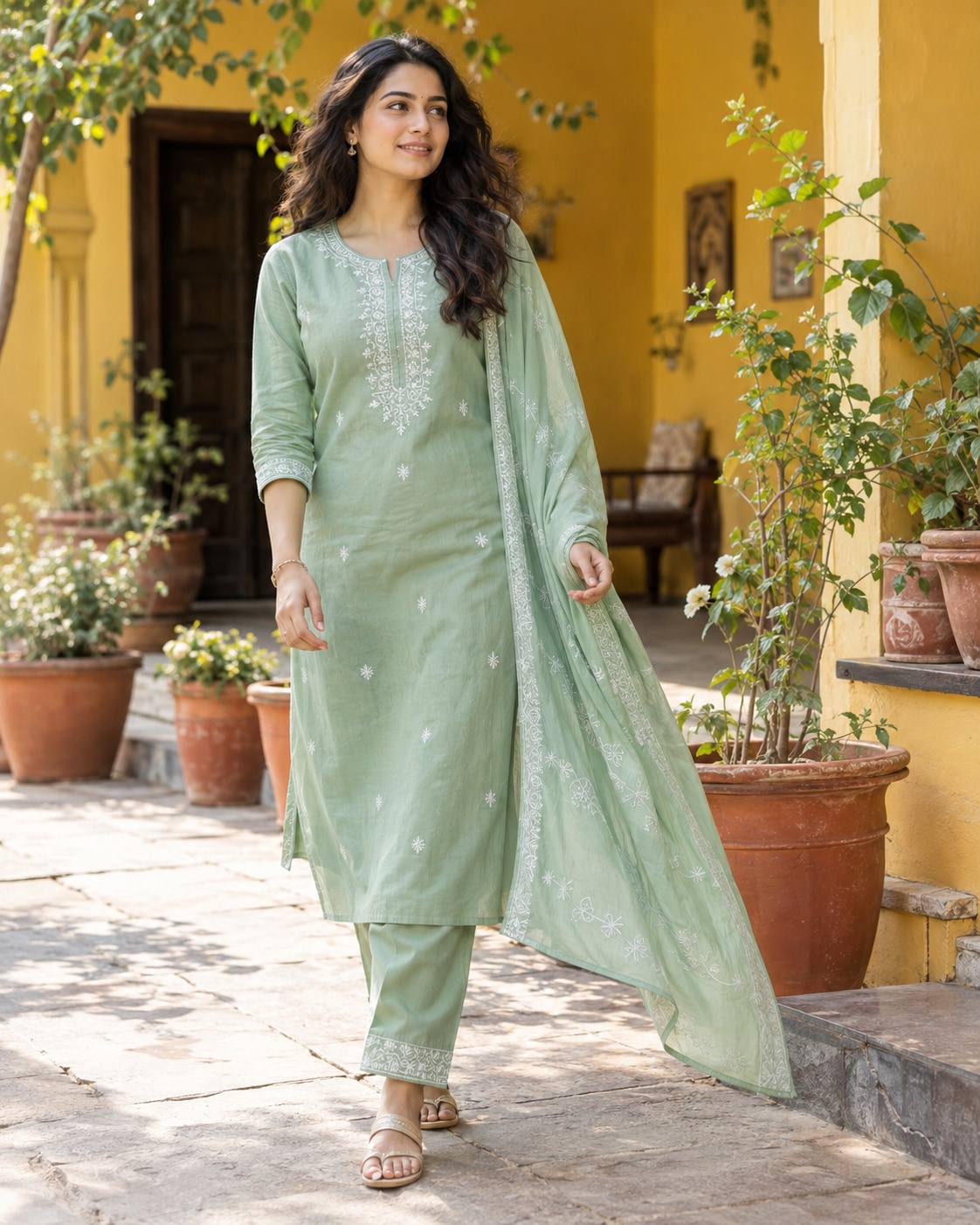 Adult Indian woman wearing a fresh mint-green cotton salwar kameez with subtle white embroidered neckline and matching light dupatta, walking past terracotta pots in a sunny mustard-yellow courtyard