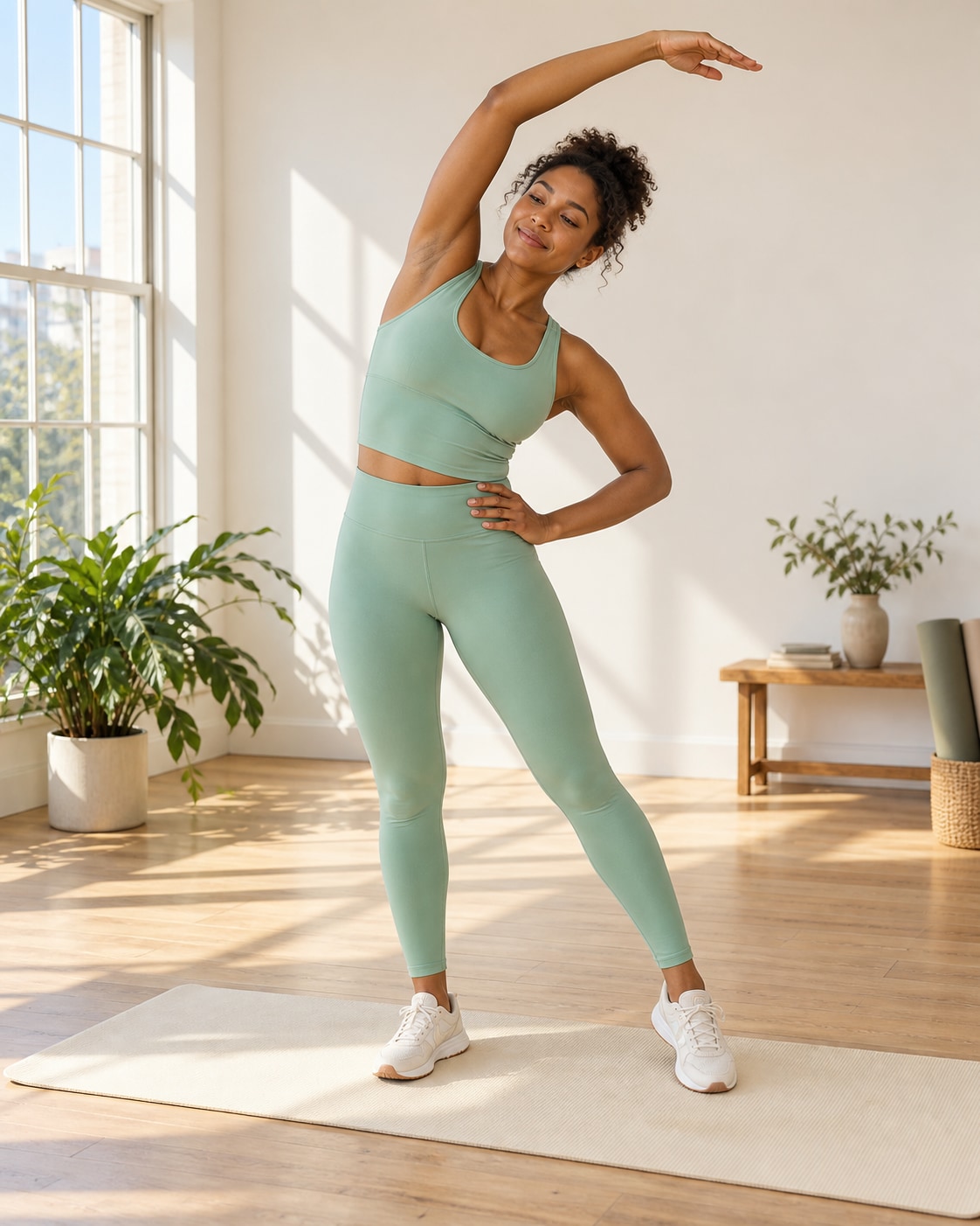 Athletic Black woman in mint longline sports top and matching leggings doing gentle standing side stretch on cream mat, one hand at hip and other overhead, pale wood sunlit studio, feet flat.
