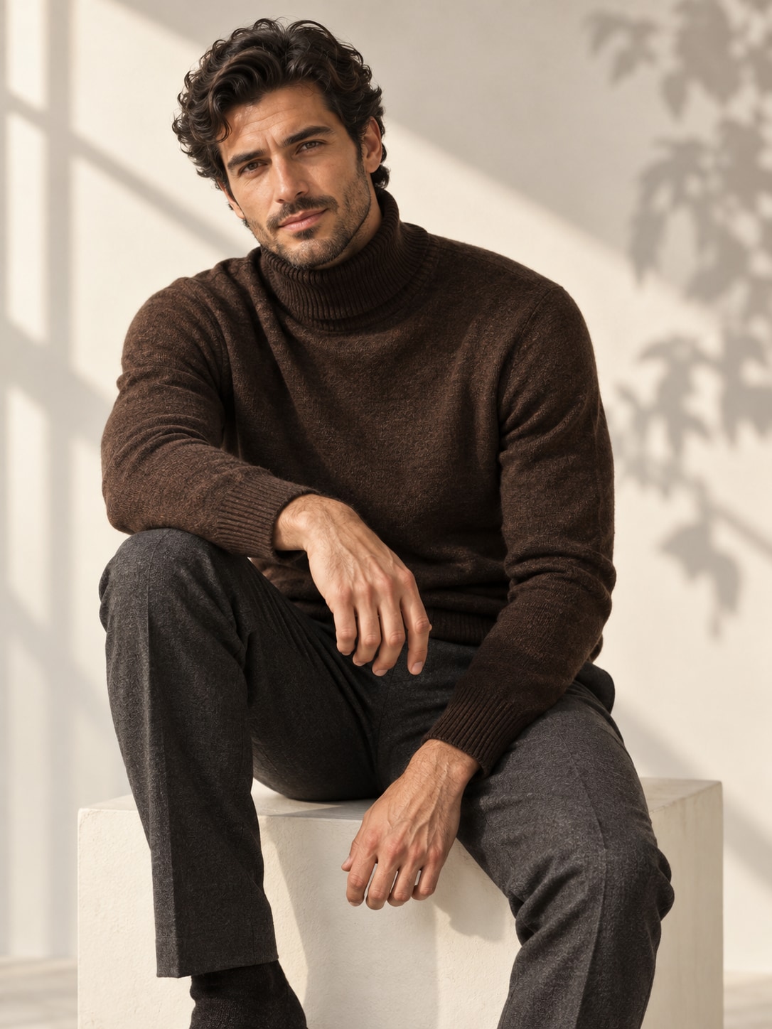 Male model in a brown merino turtleneck seated in a softly lit chalk-white studio