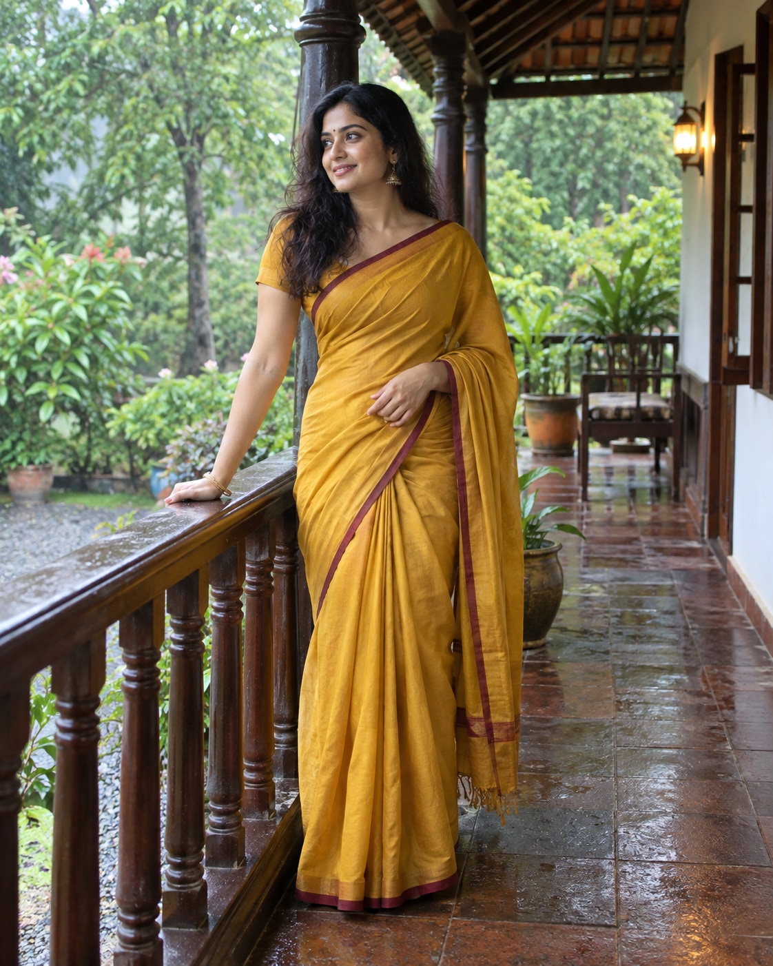 Adult Indian woman in vivid mustard cotton saree with thin maroon border standing on a sheltered old tiled veranda after summer rain