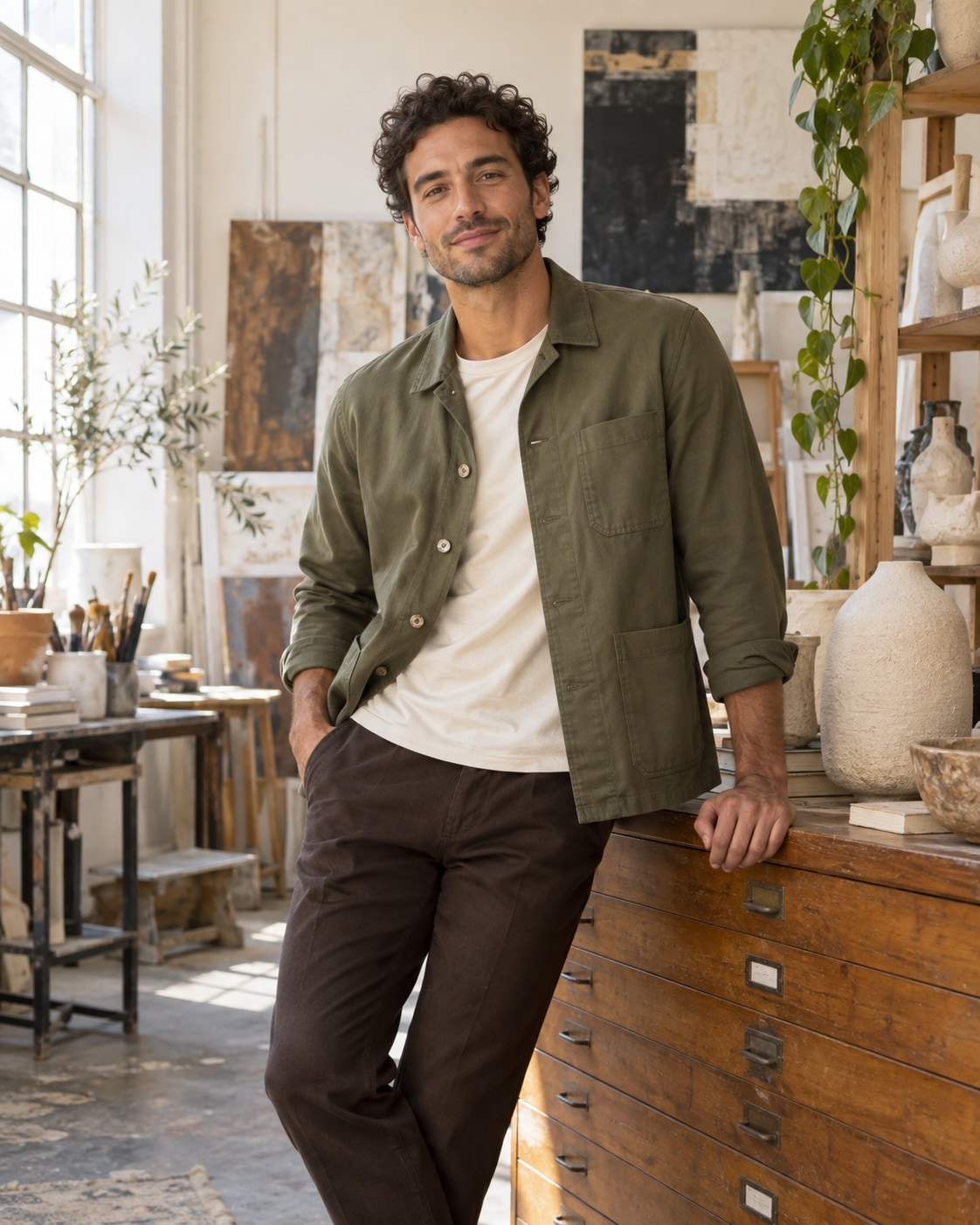 Adult male model with olive skin and short dark curls wearing an olive-green cotton chore jacket, ivory tee and dark brown trousers in a bright artist's atelier