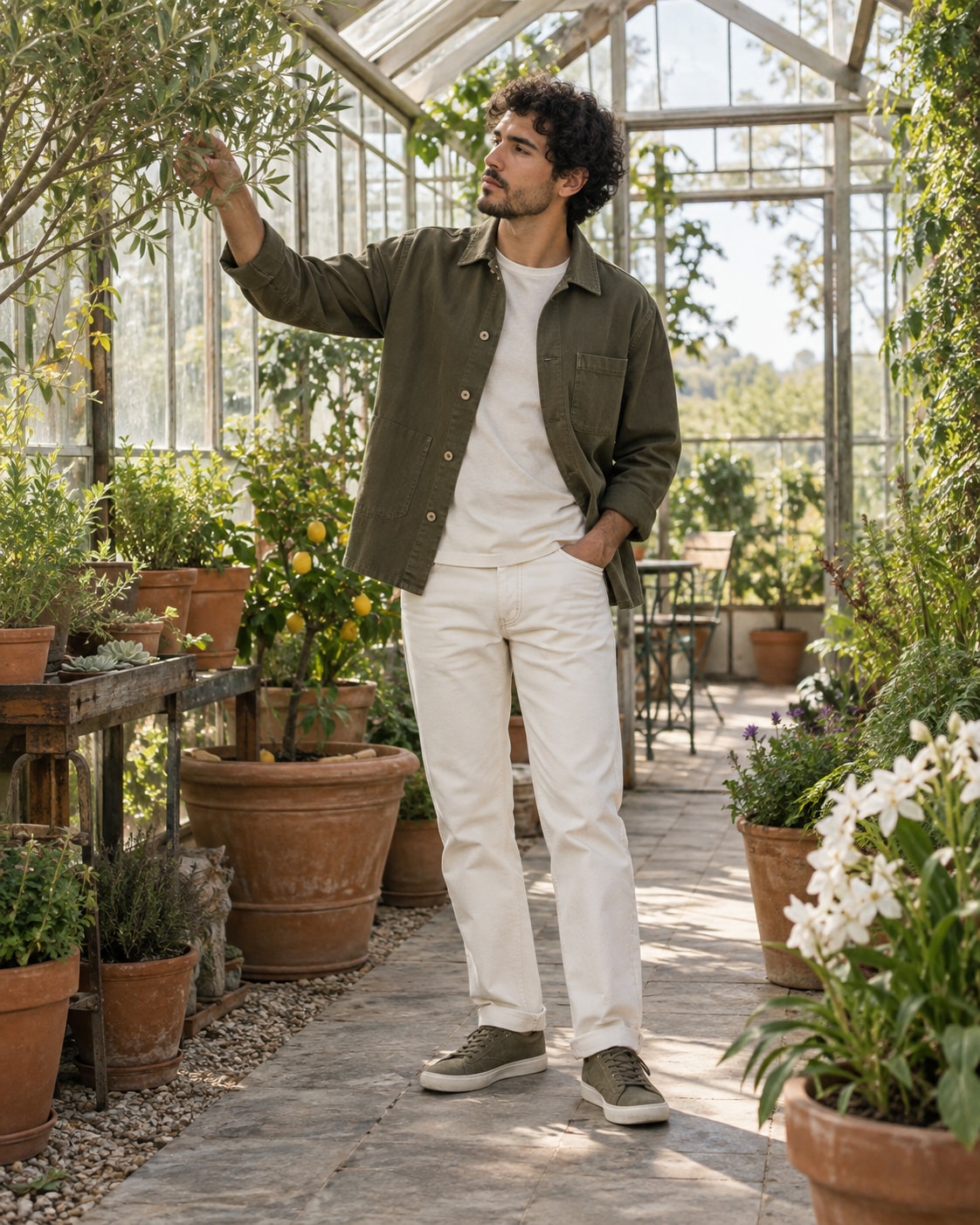 Curly-haired Latino man in olive canvas overshirt and cream jeans inside bright greenhouse, reaching toward leafy plant with one hand and other in pocket, full body among terracotta pots and glass panes.