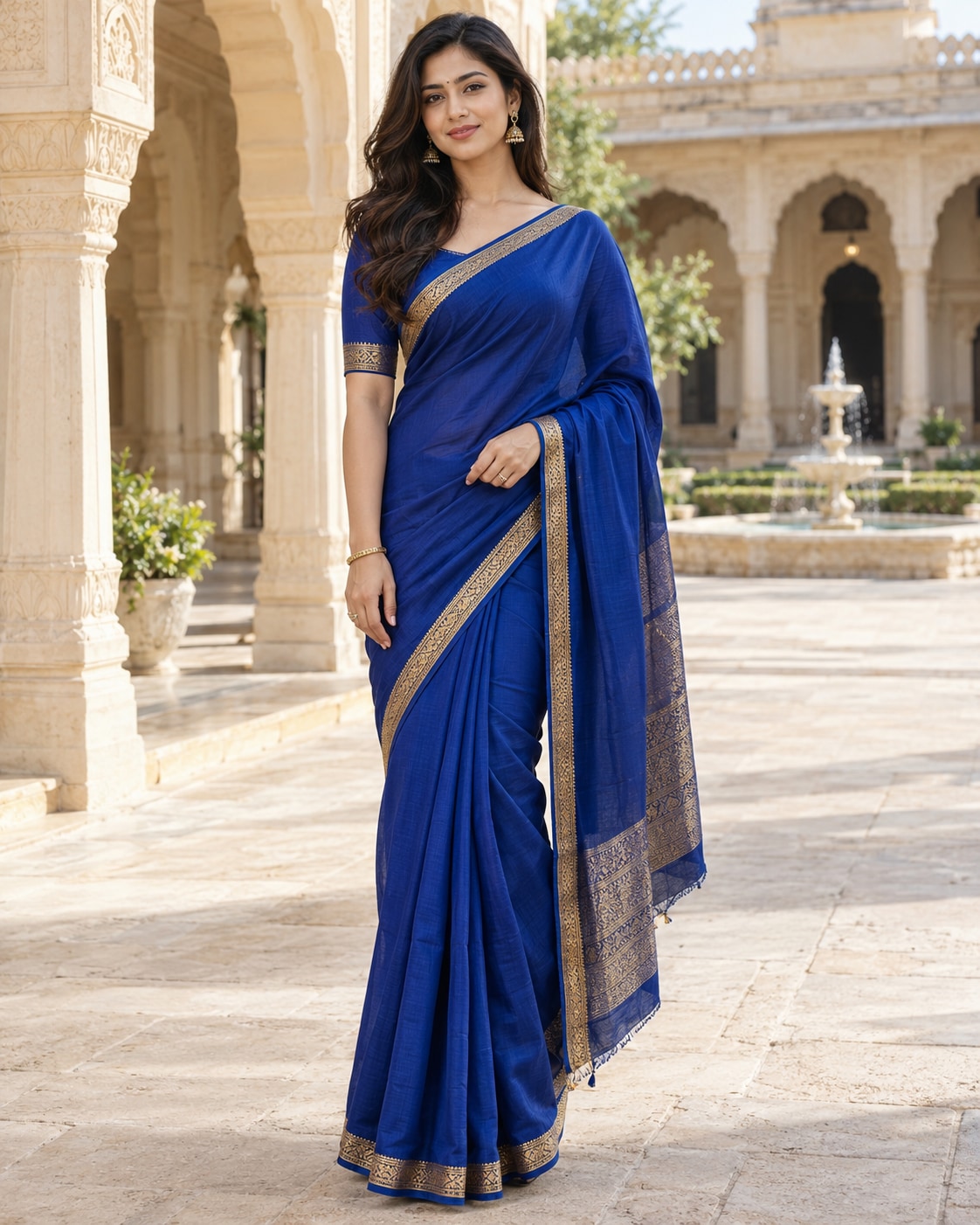 Woman in a royal blue saree with gold border standing in a pale sandstone palace courtyard.