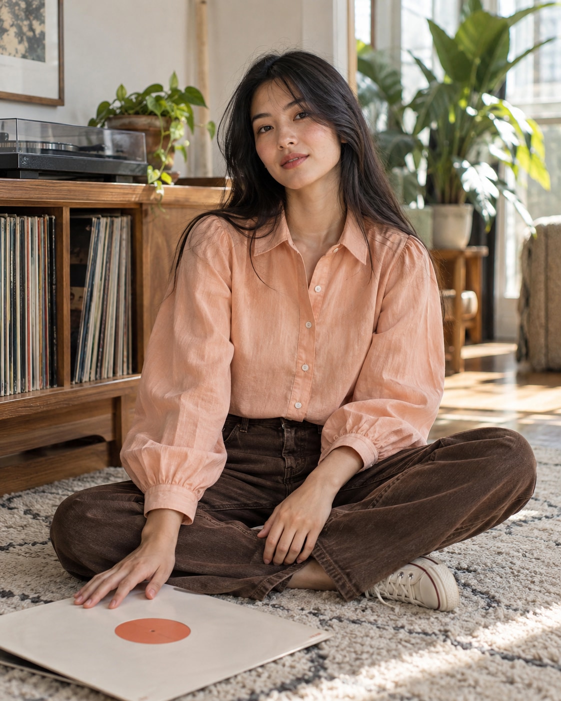 East Asian woman in peach cotton blouse and brown denim seated cross-legged on wool rug by wooden record cabinet, hand on plain record sleeve and other on knee, sunny apartment with plant.