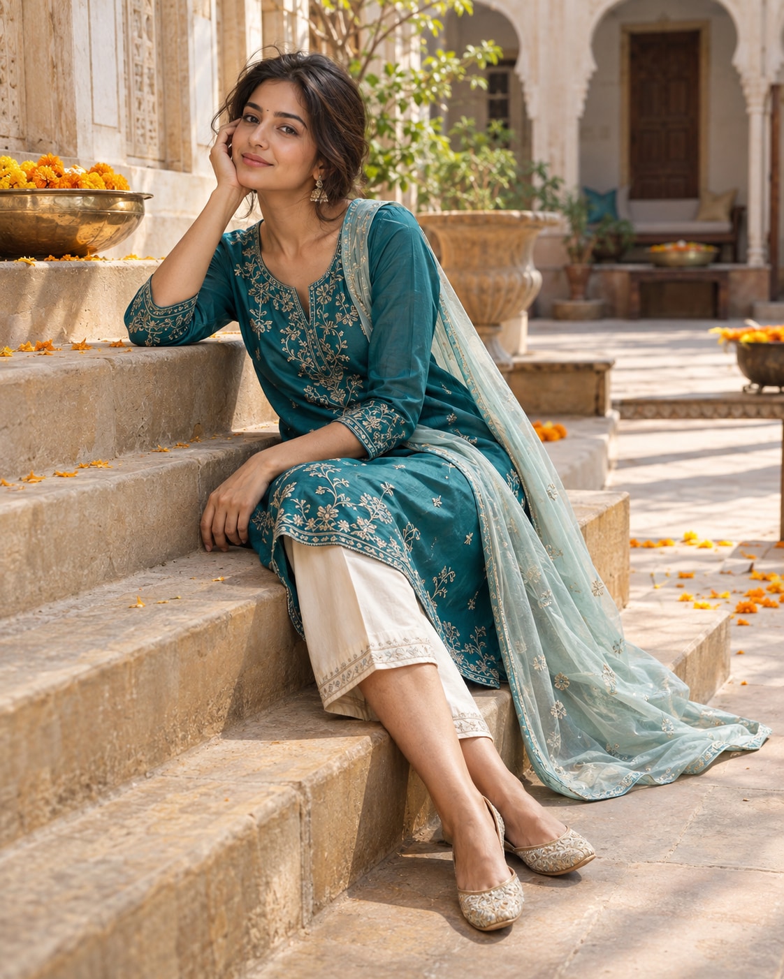 Indian woman in peacock teal embroidered kurta, cream trousers and light teal dupatta seated sideways on sandstone stairs, elbow resting on higher step, luminous courtyard with subtle marigolds.