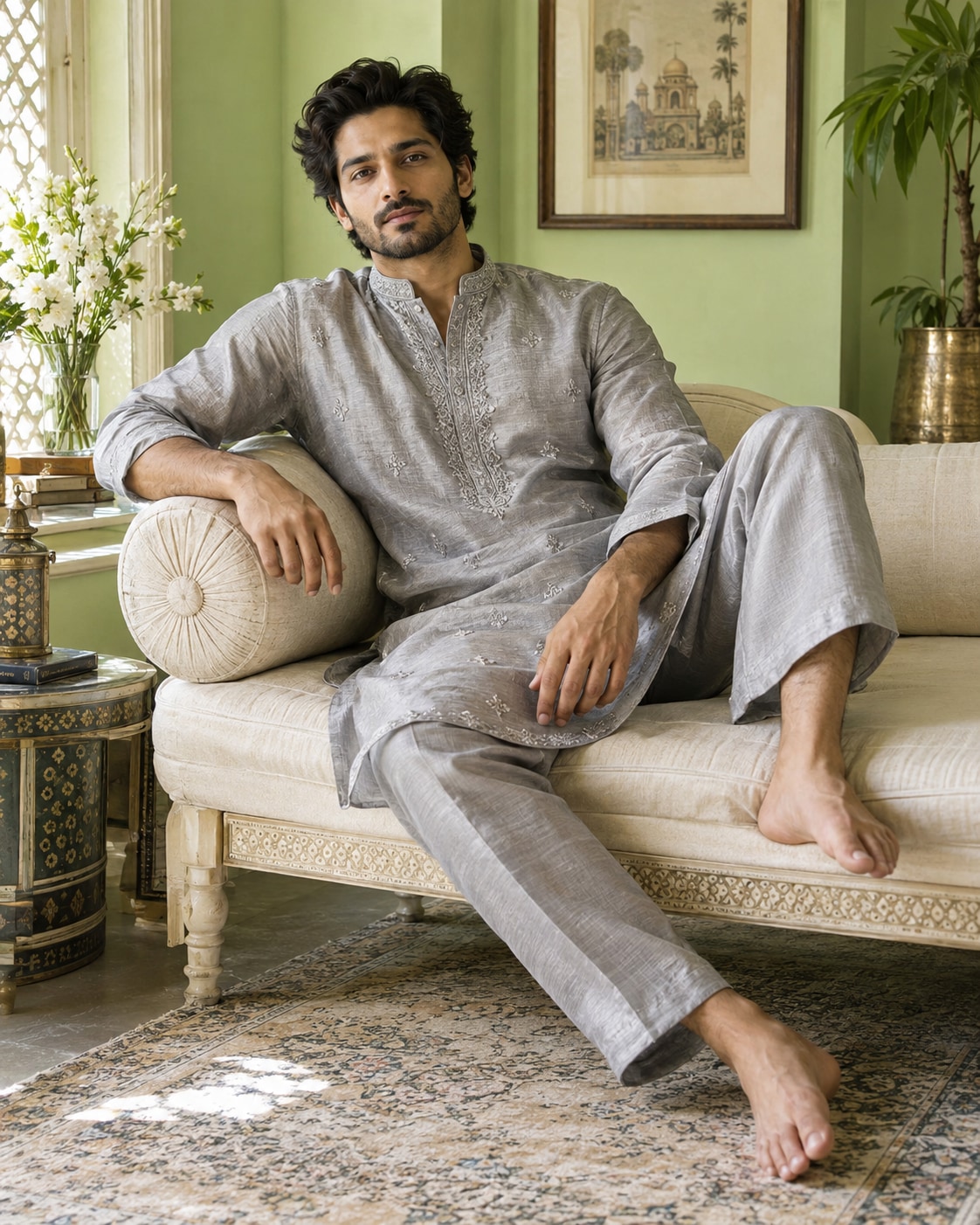Indian man in pearl grey kurta pajama with subtle silver embroidery seated on cream divan, one knee bent comfortably and bare feet visible, arm on cylindrical cushion, bright pistachio room.