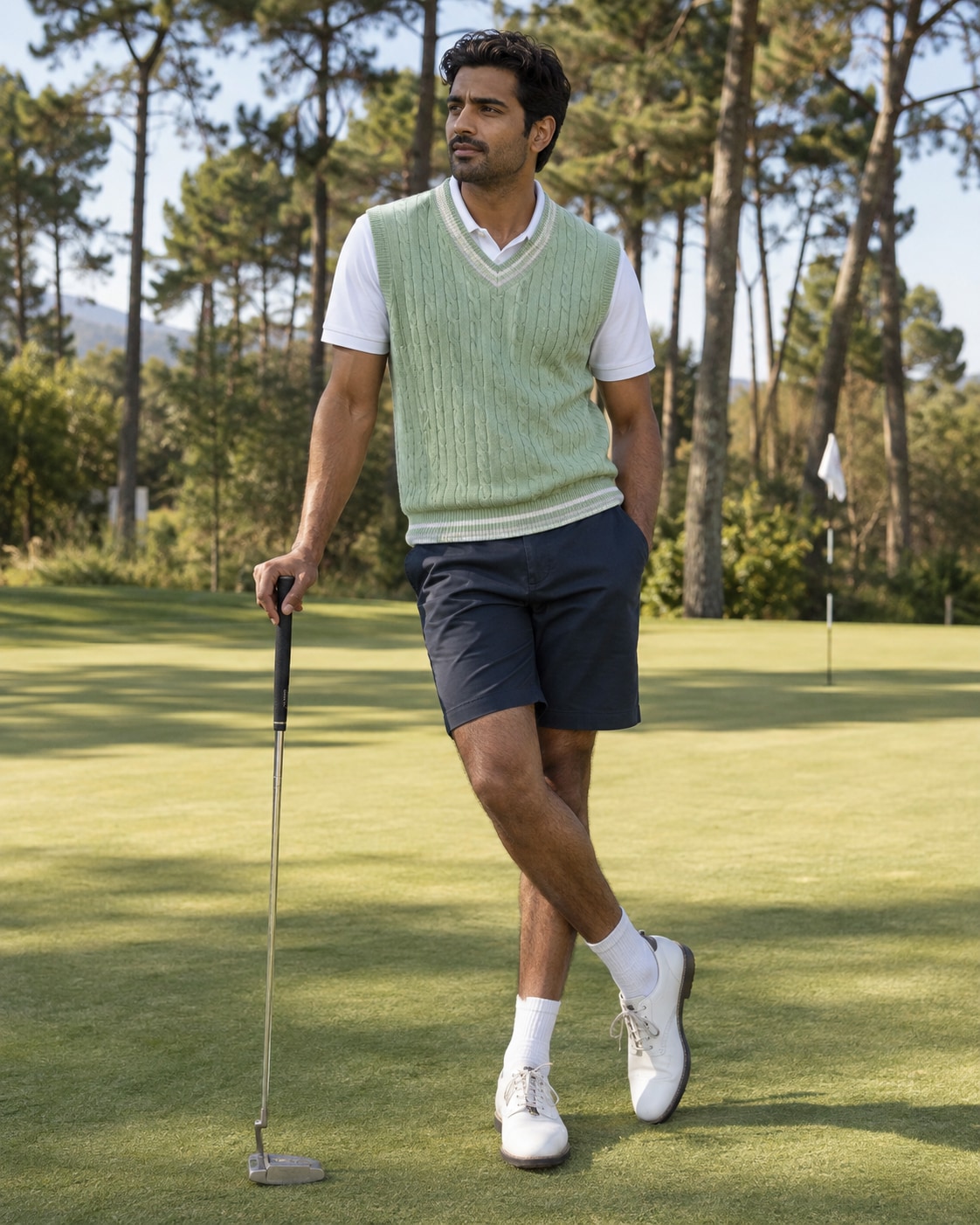 South Asian man in pistachio cable vest over white polo and navy shorts at green putting course, one hand on upright golf club with head on grass, relaxed crossed ankles, sunny pine trees.