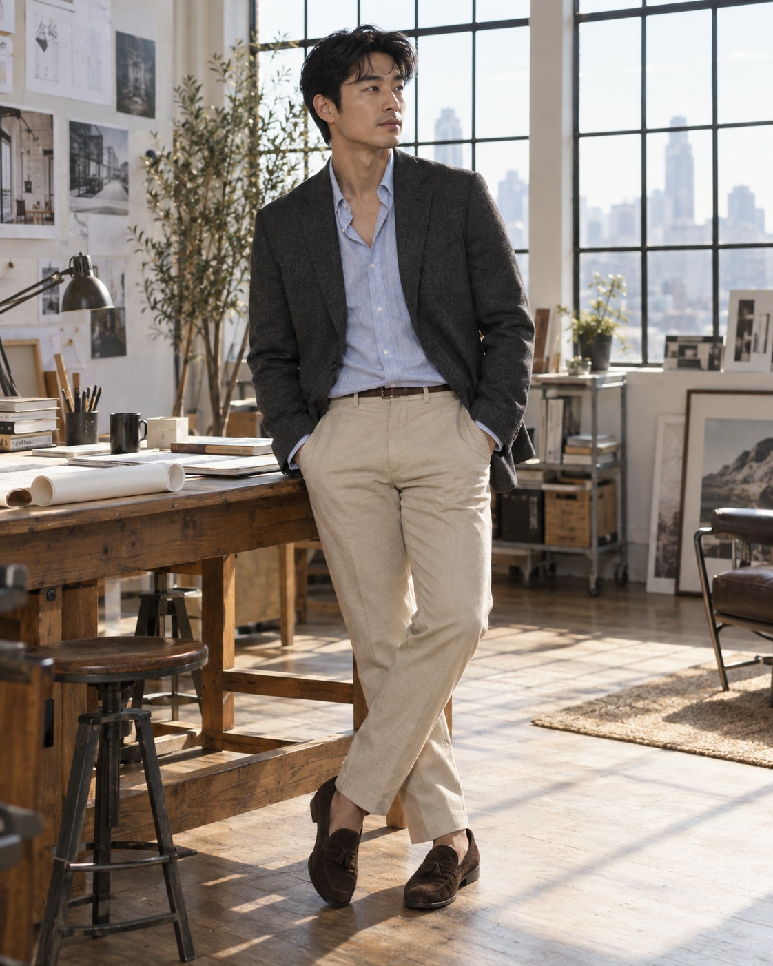 Adult East Asian male model wearing a soft charcoal unstructured blazer, pale blue shirt open collar and beige trousers in a bright design studio