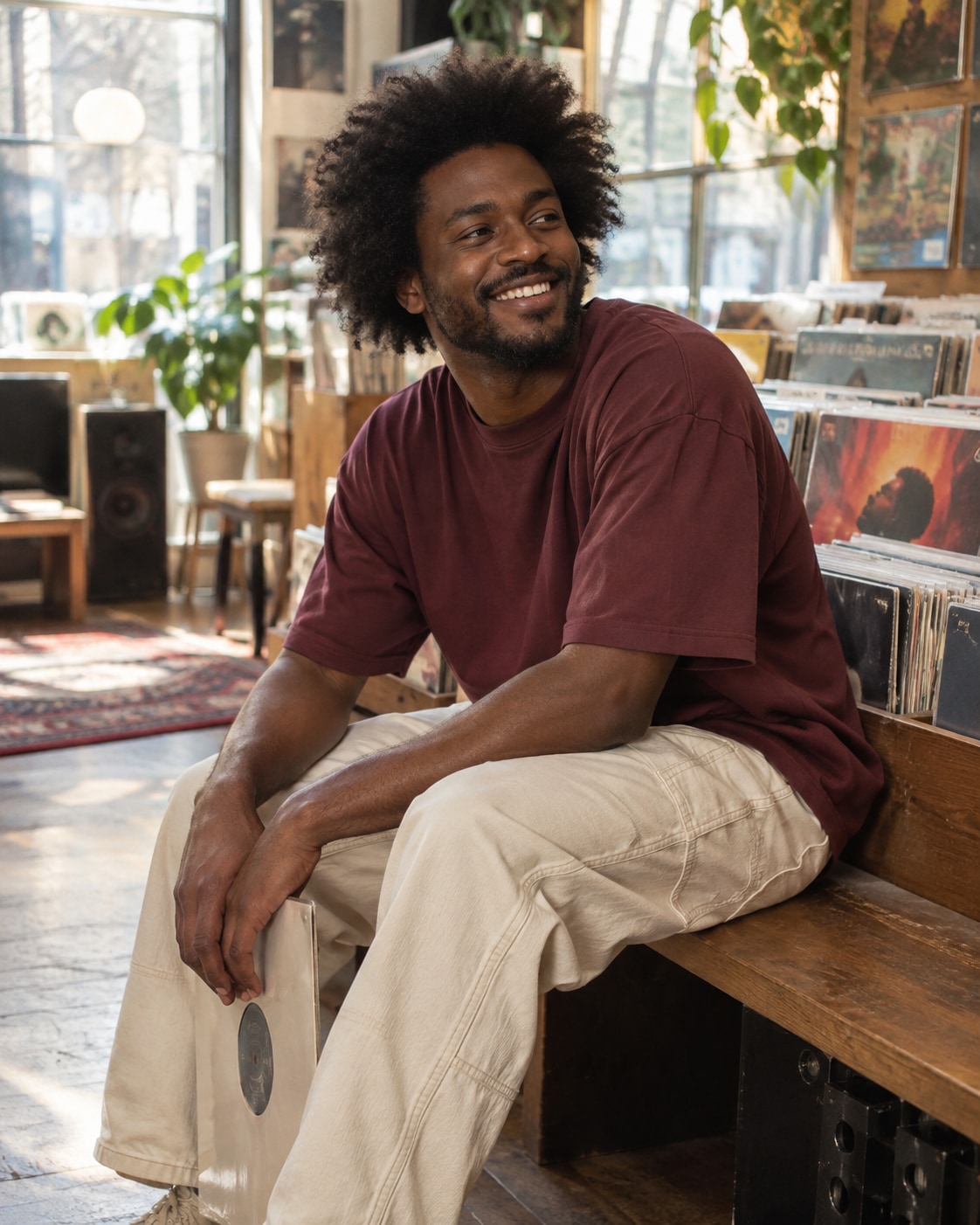 Adult man with dark brown skin and medium natural afro wearing burgundy oversized cotton tee and cream carpenter trousers in a sunlit independent record shop