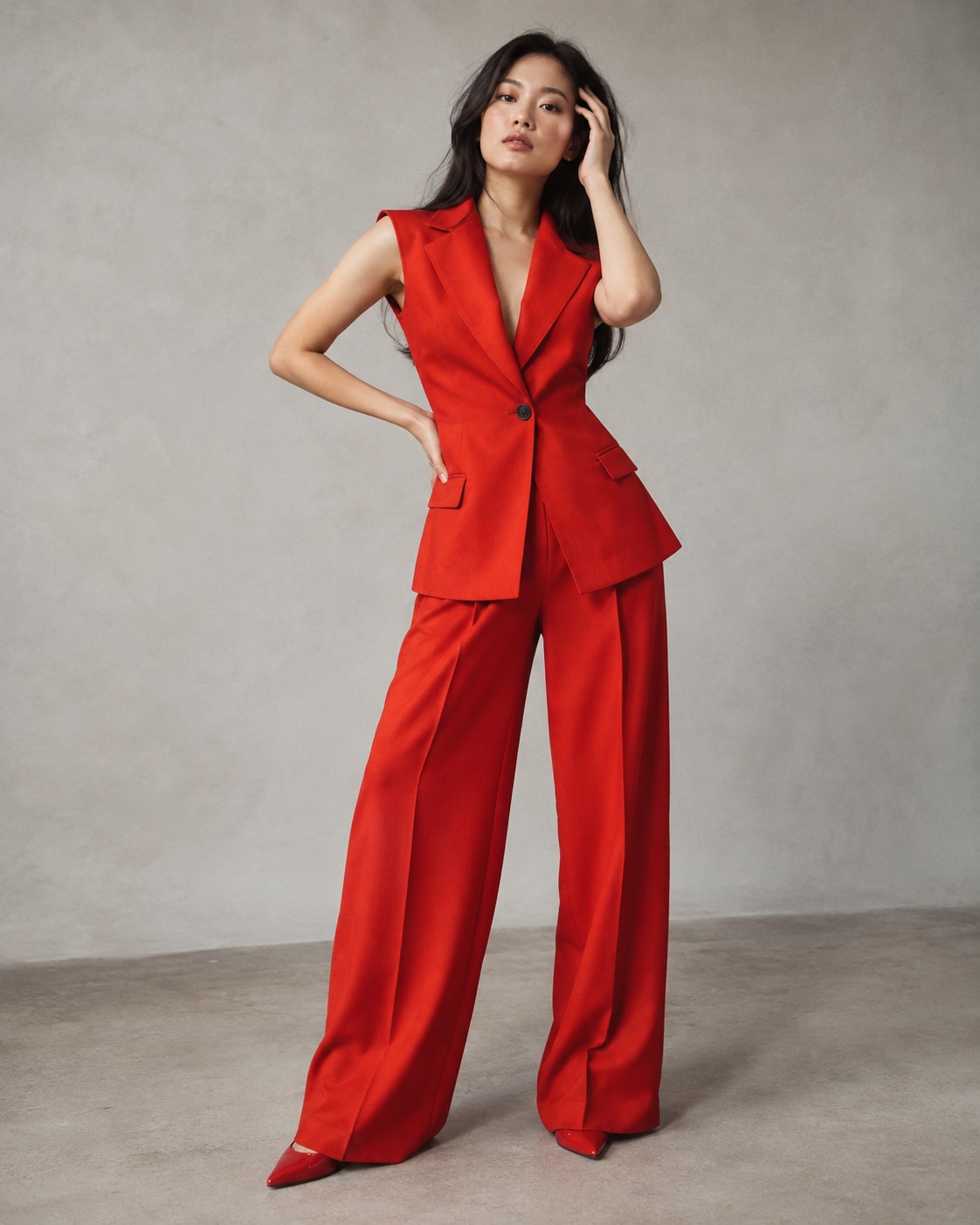 East Asian woman in vivid vermilion sleeveless blazer and matching wide trousers, one hand at waist and other touching temple, expressive asymmetric elbows, chalk studio with soft direct flash.
