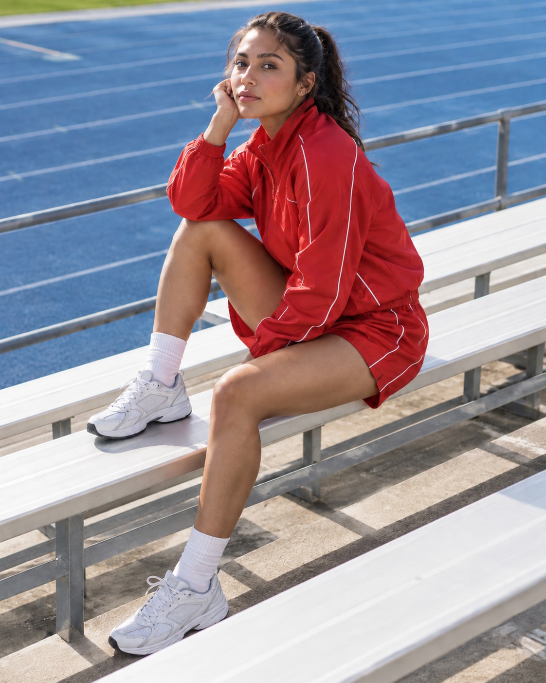 Latina woman with ponytail in tomato red track jacket and loose matching shorts seated sideways on white outdoor bleacher, one sneaker on bench and other on lower step, cobalt running track background.