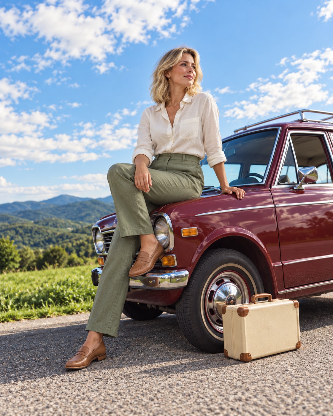 Blonde woman in an ivory blouse and sage trousers seated on a burgundy vintage car beside a cream suitcase and green hills.